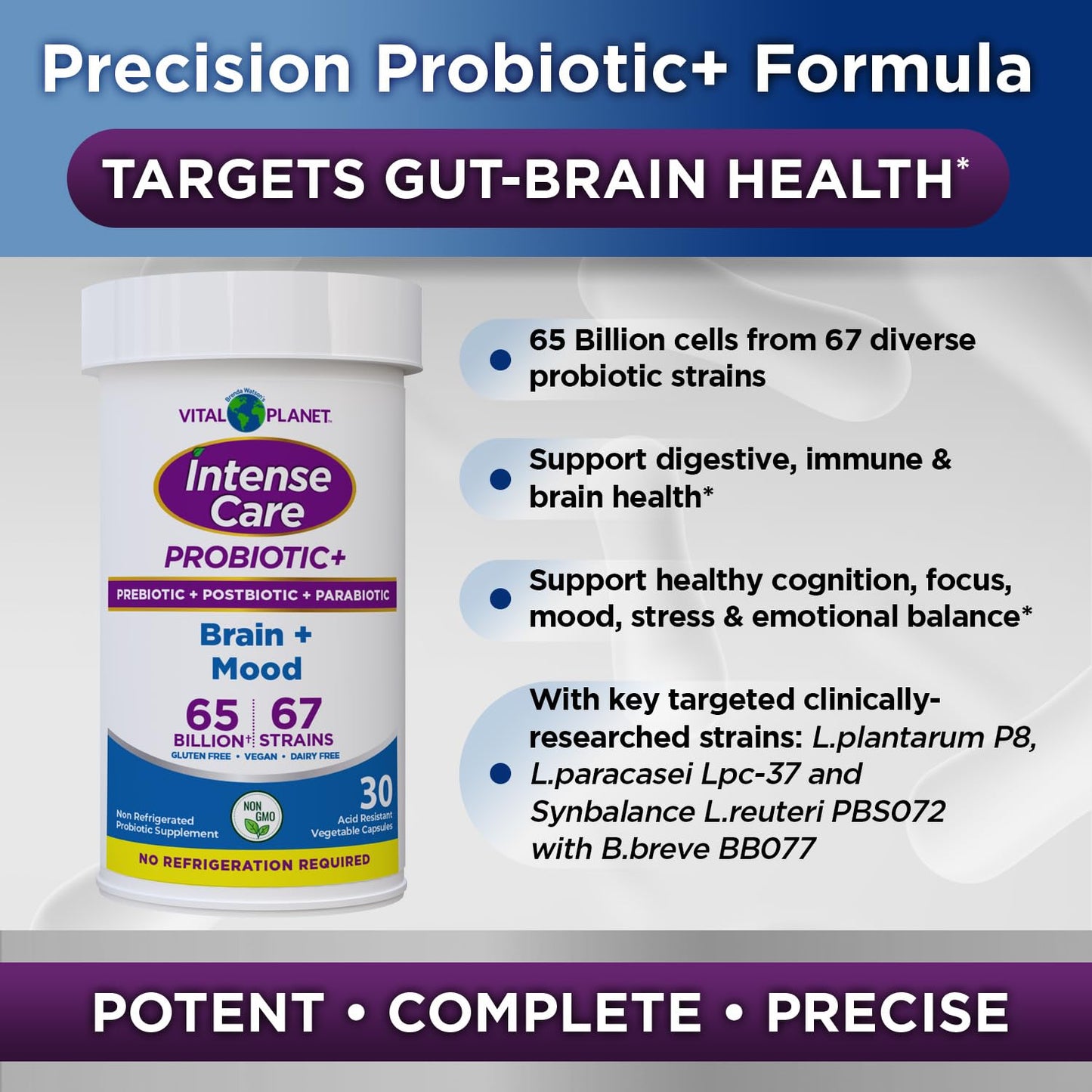 Vital Planet Intense Care Brain & Mood Probiotics, Organic Prebiotics, Postbiotics, Parabiotics, Complete 4-in-1 Health Supplement for Adults, 65 Billion CFU, 67 Strains, Digestive and Immune Capsules 30