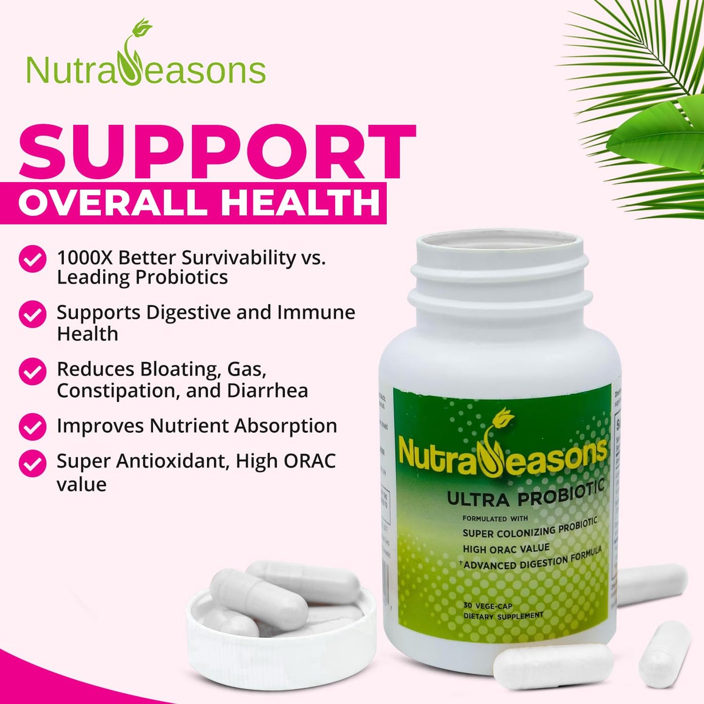 Nutra Seasons Ultra Probiotic Complex with Bacillus coagulans, Digestive Multi Enzymes, Prebiotic Berries Organic Non GMO Capsule 30 Count