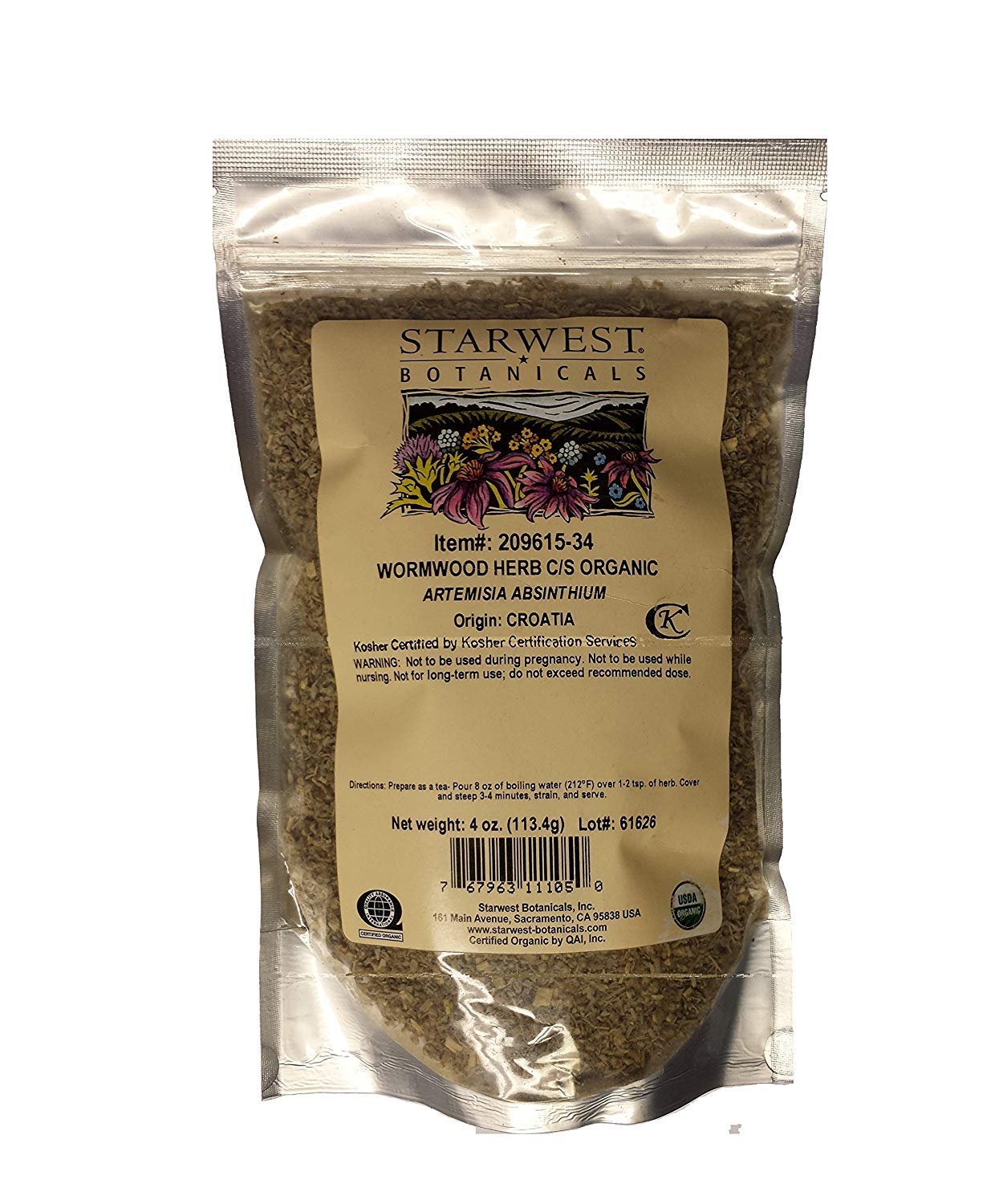Starwest Botanicals Organic Wormwood Herb C/S Powder, 4 Ounce