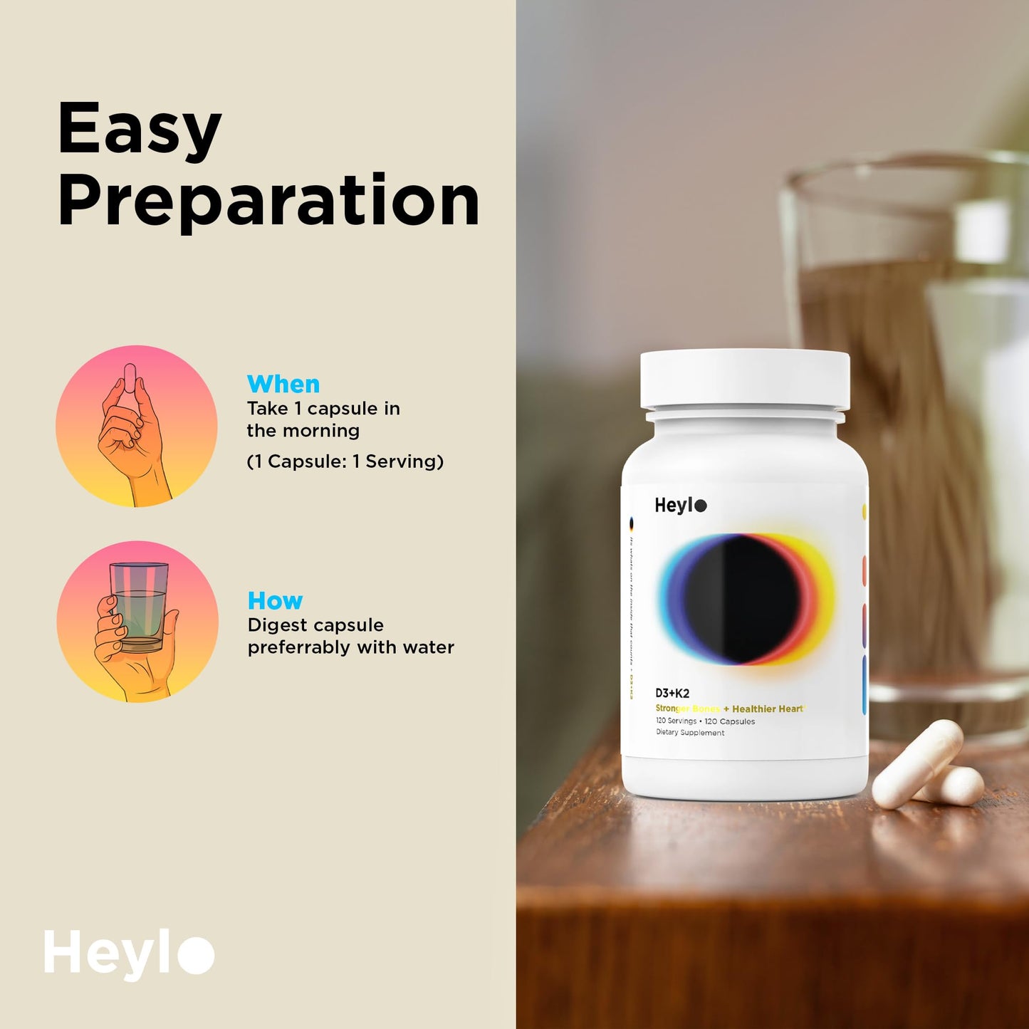Heylo Health Vitamin D3 + K2 Supplement 120 Capsules