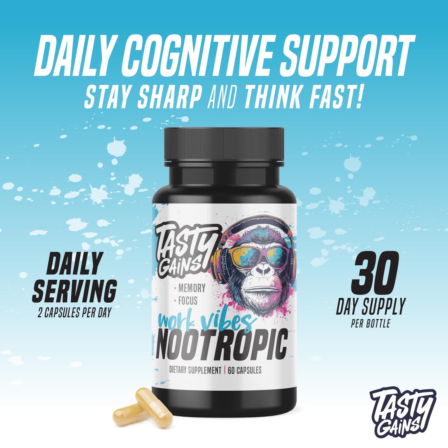 TASTY GAINS Nootropic Brain Supplement for Memory and Focus 60 Capsules