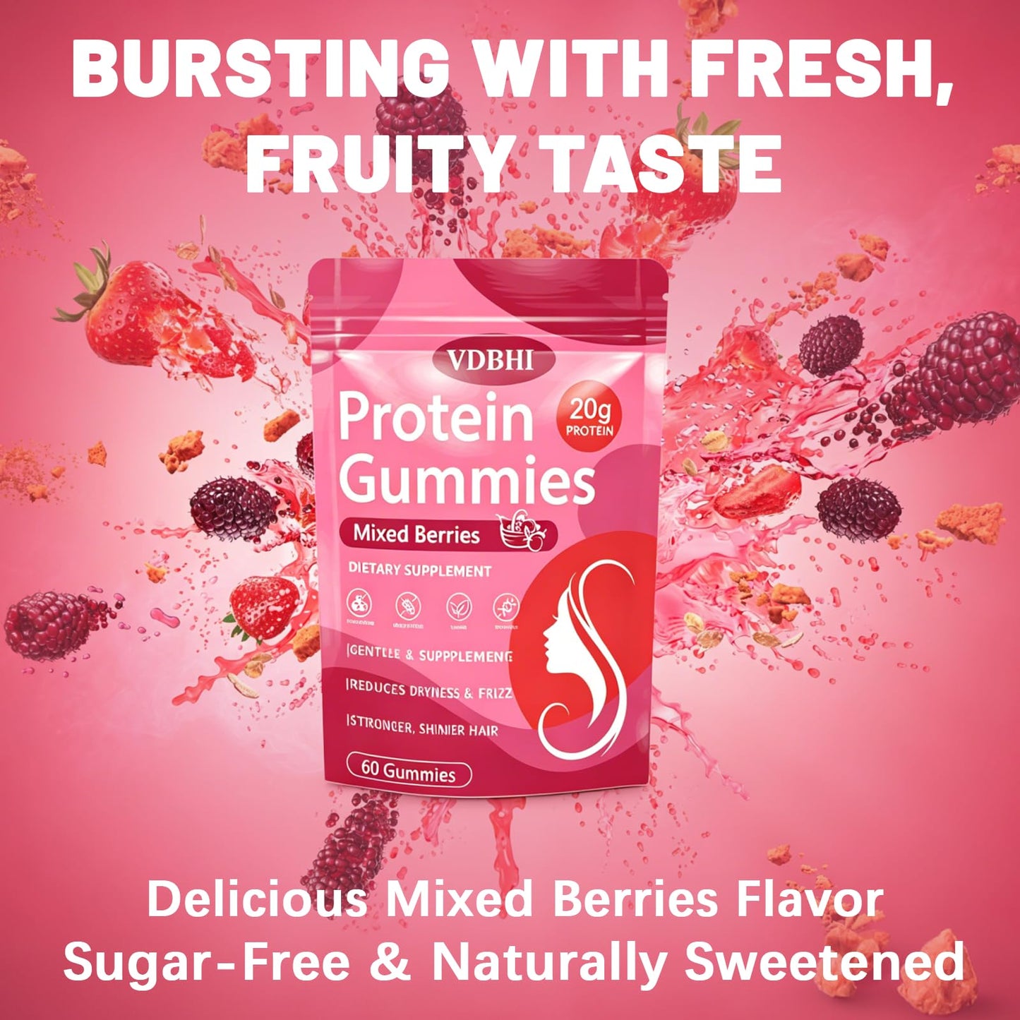 VDBHI Protein Gummies for Women & Men, Mixed Berries, 60 Gummies