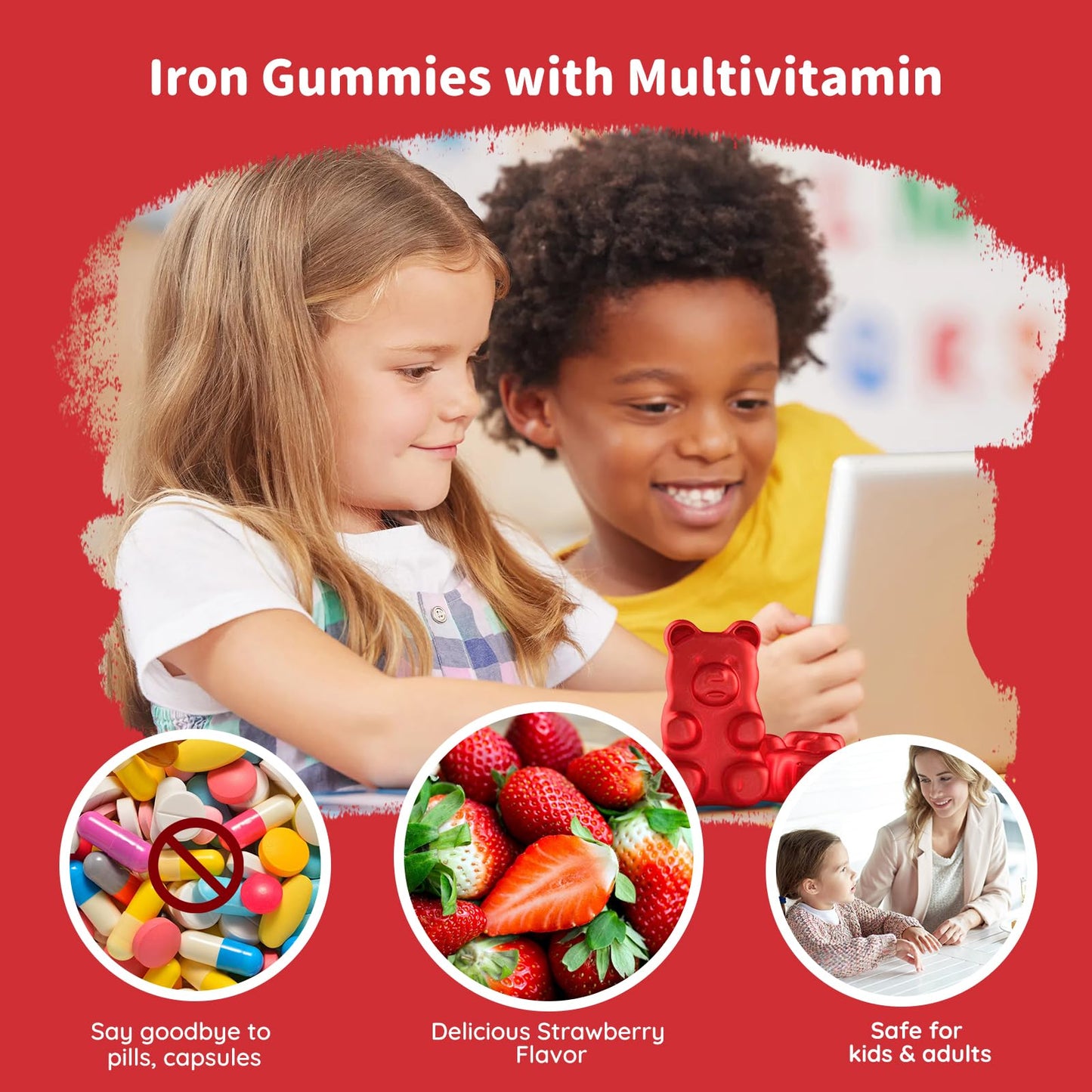 CFILIHTC Iron Gummies with Multivitamin - Vitamin B Complex, C, B6, B12, Folate, Zinc, Strawberry Flavor, Vegan, 60 Gummies