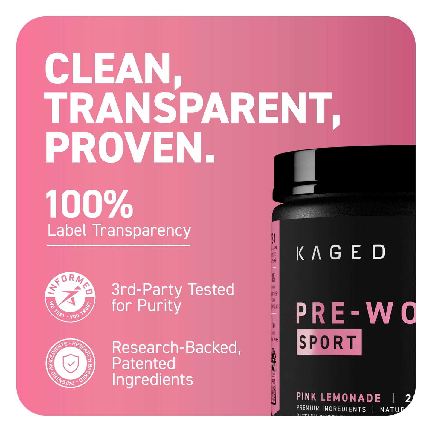 Kaged Sport Pre Workout Powder for Men & Women, Pink Lemonade, 11 oz