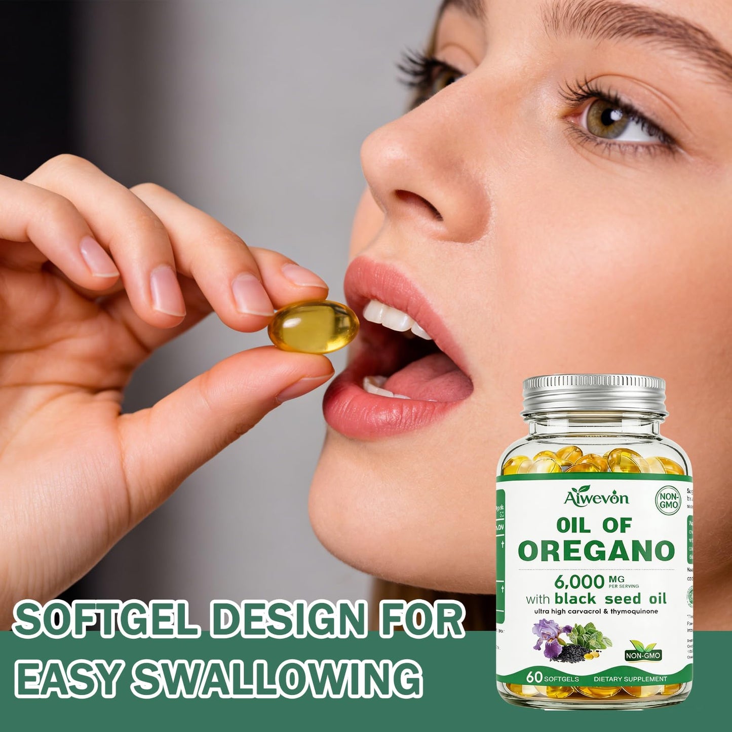 Aiwevon Oil of Oregano with Black Seed Oil, Carvacrol & Thymoquinone Softgels 60 Count