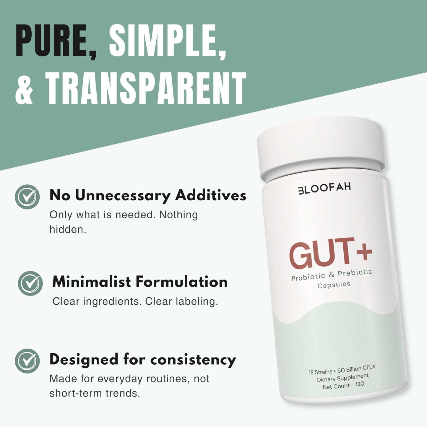 Bloofah Gut+ Probiotic & Prebiotic Capsules for Women, 50 Billion CFU, 18-Strain Formula with Cranberry Extract, Daily Gut & Digestive Support, 120 Capsules