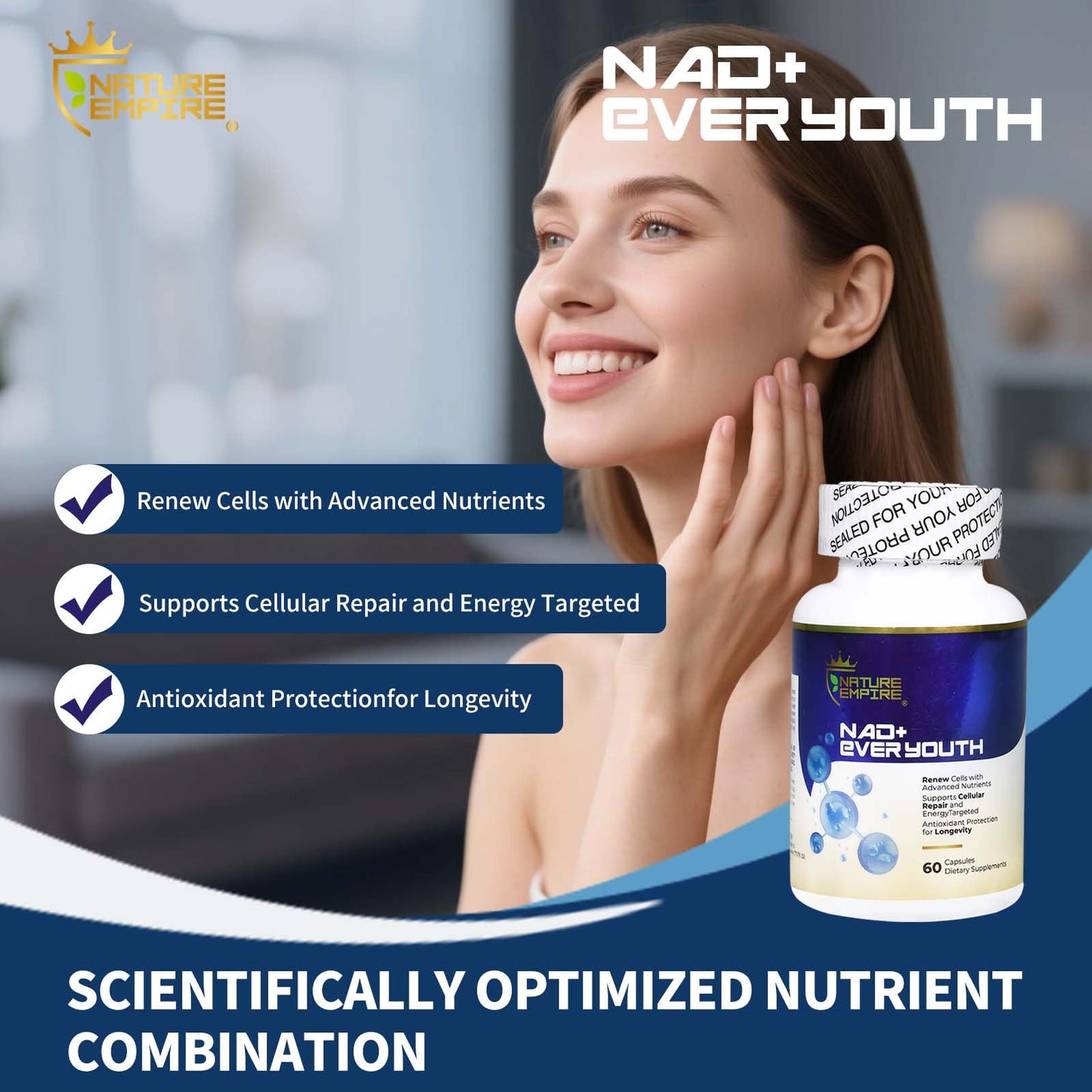 NATUREMPIRE NAD+ Supplement for Cellular Renewal Anti-Aging 4-in-1 with L-Ergothioneine, Nicotinamide Riboside (NR), European Bilberry, Antioxidant Support for Energy & Aging, 60 Capsules