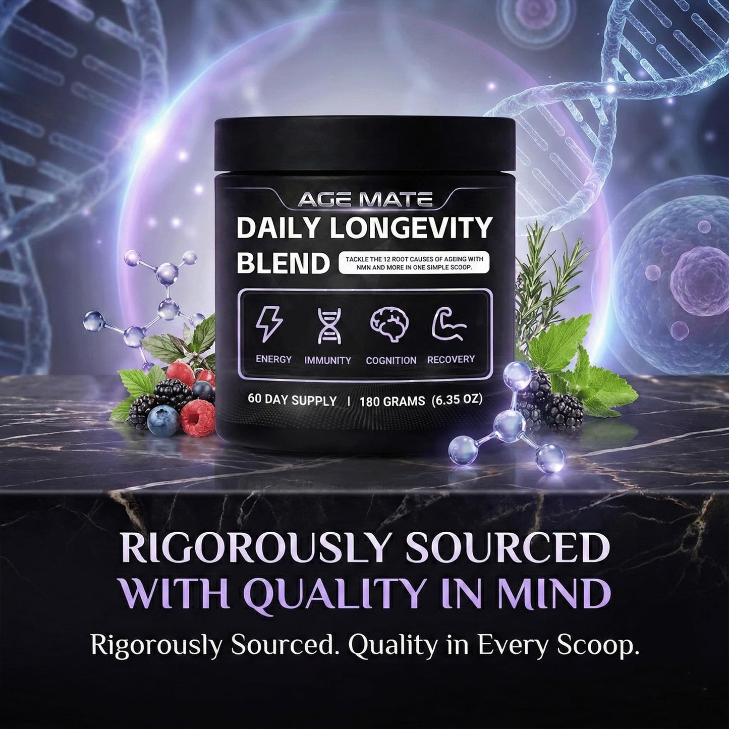 Age Mate Daily Longevity Blend Powder, Sugar Free Prebiotic Fiber, Supports Energy Levels, 6.35 oz