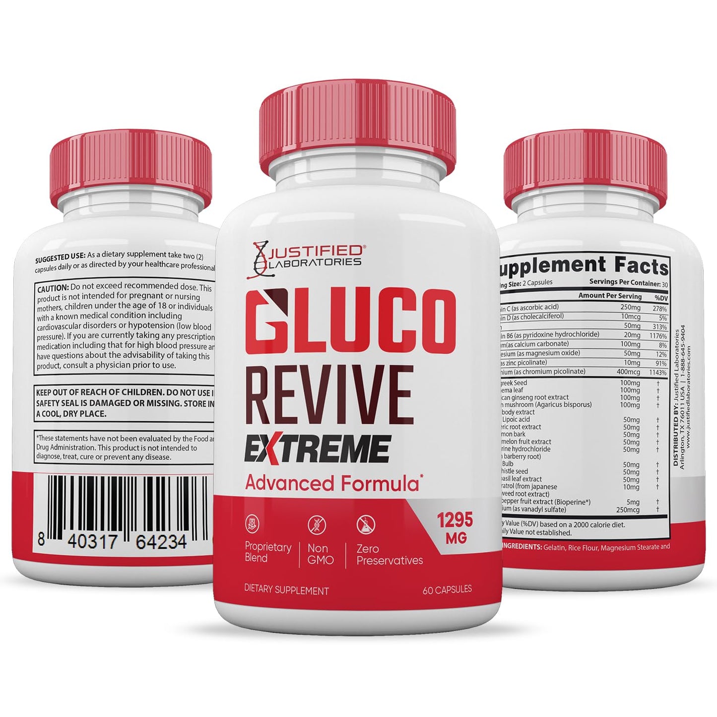 Justified Laboratories Gluco Revive Extreme 1295MG Glyco Support 60 Capsules