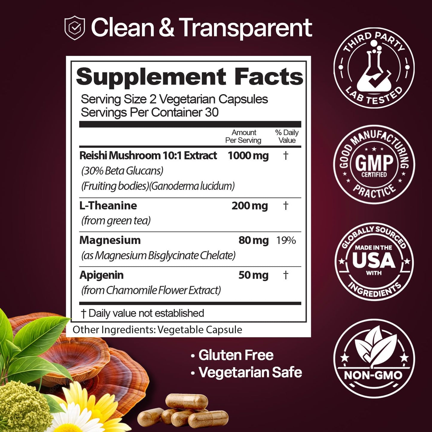 Natures Elements Reishi Mushroom Supplement for Sleep & Mood Support 1000mg 10:1 Extract (30% Beta Glucans) Advanced Complex with L-Theanine, Magnesium & Apigenin 180 Tablets