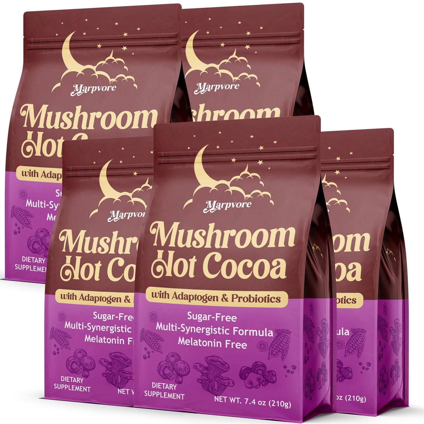 Marpvore Mushroom Hot Cocoa Powder with Magnesium Glycinate, L-Theanine, Ashwagandha, Reishi, Probiotics, Cacao Powder Organic Hot Chocolate Supplement, 7.41 oz total