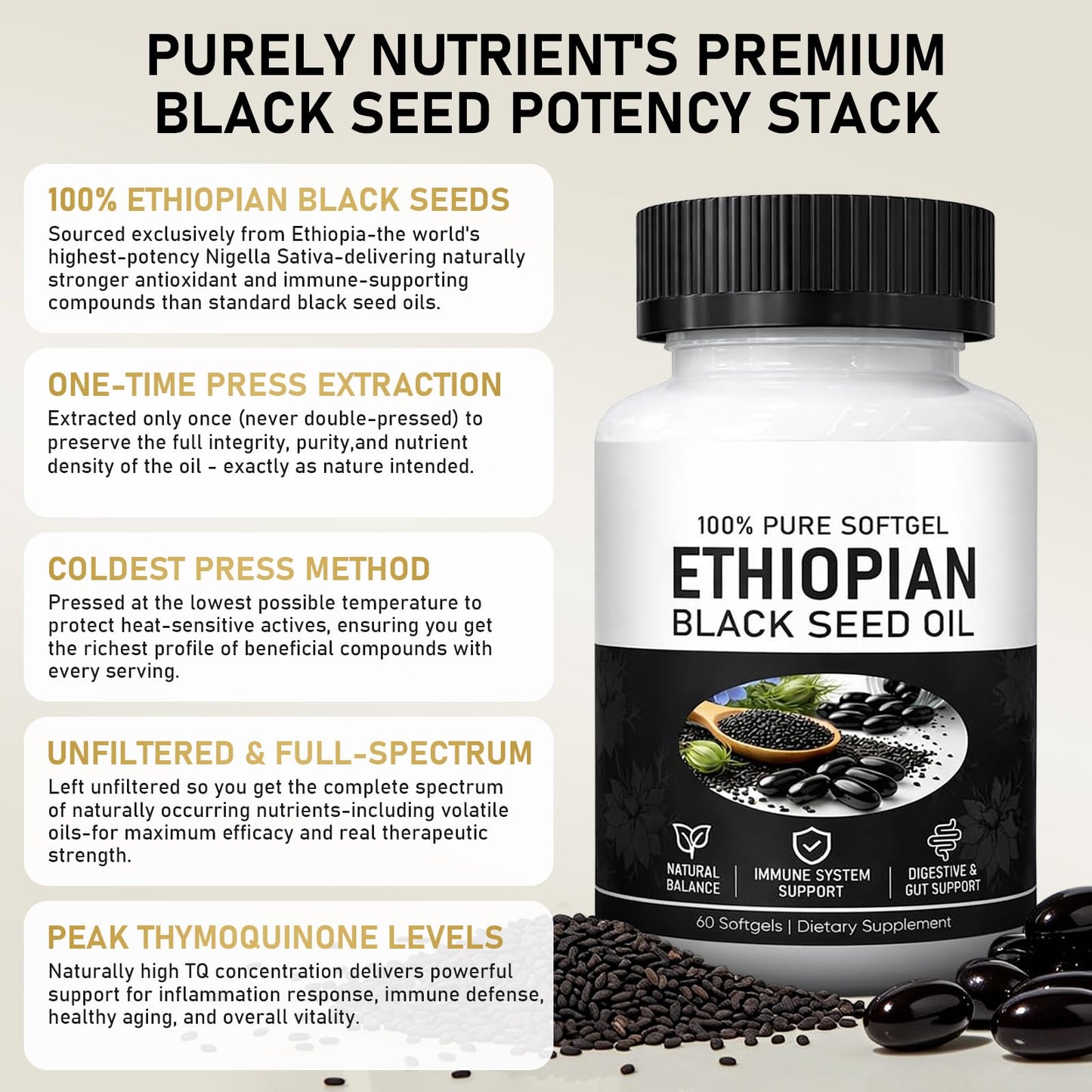 muoyid Ethiopian Black Seed Oil Capsules with 4.64% Thymoquinone, Immune Support & Digestion & Energy Booster, Capsule, 1 Count