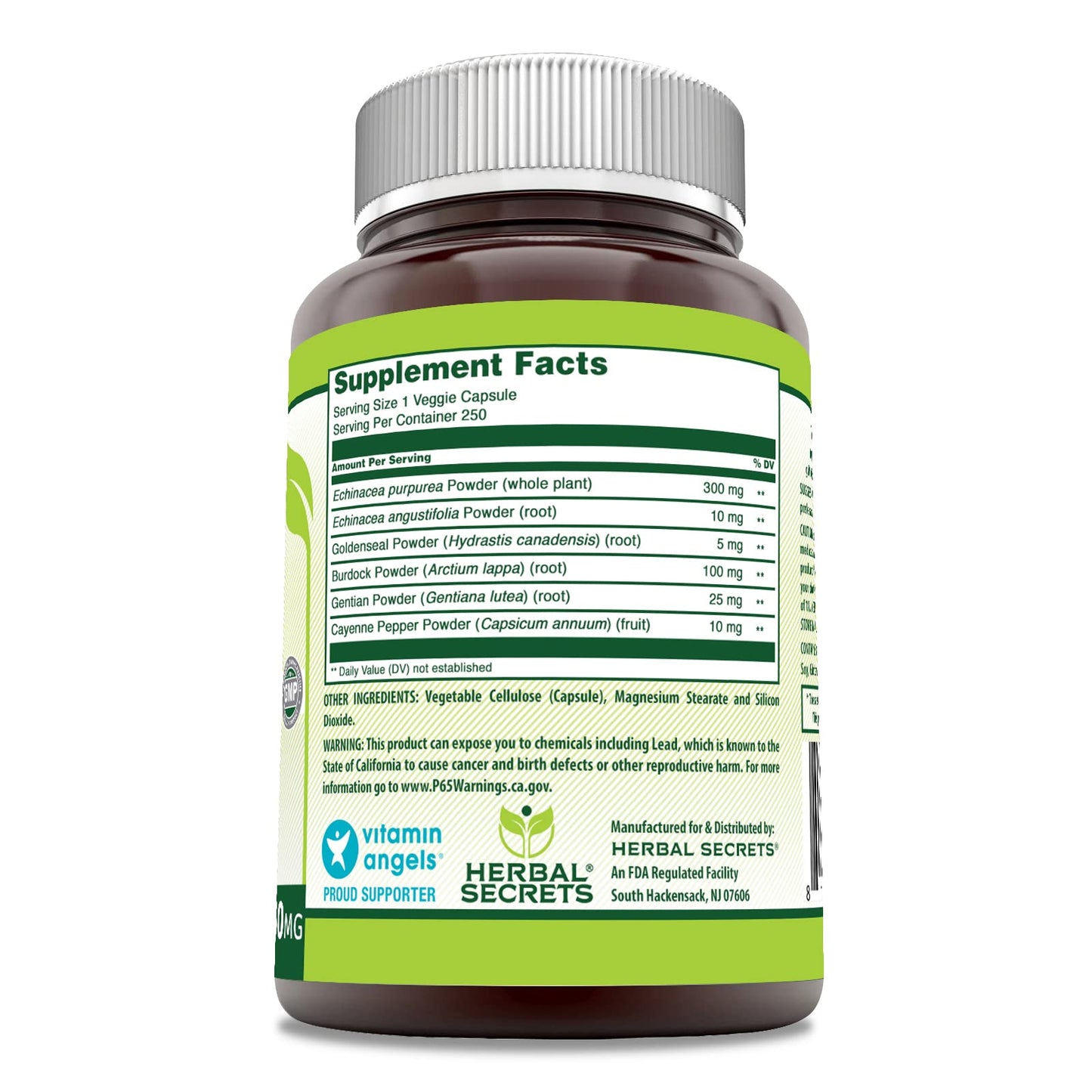 Herbal Secrets Echinacea & Goldenseal Root Supplement, 250 Veggie Capsules