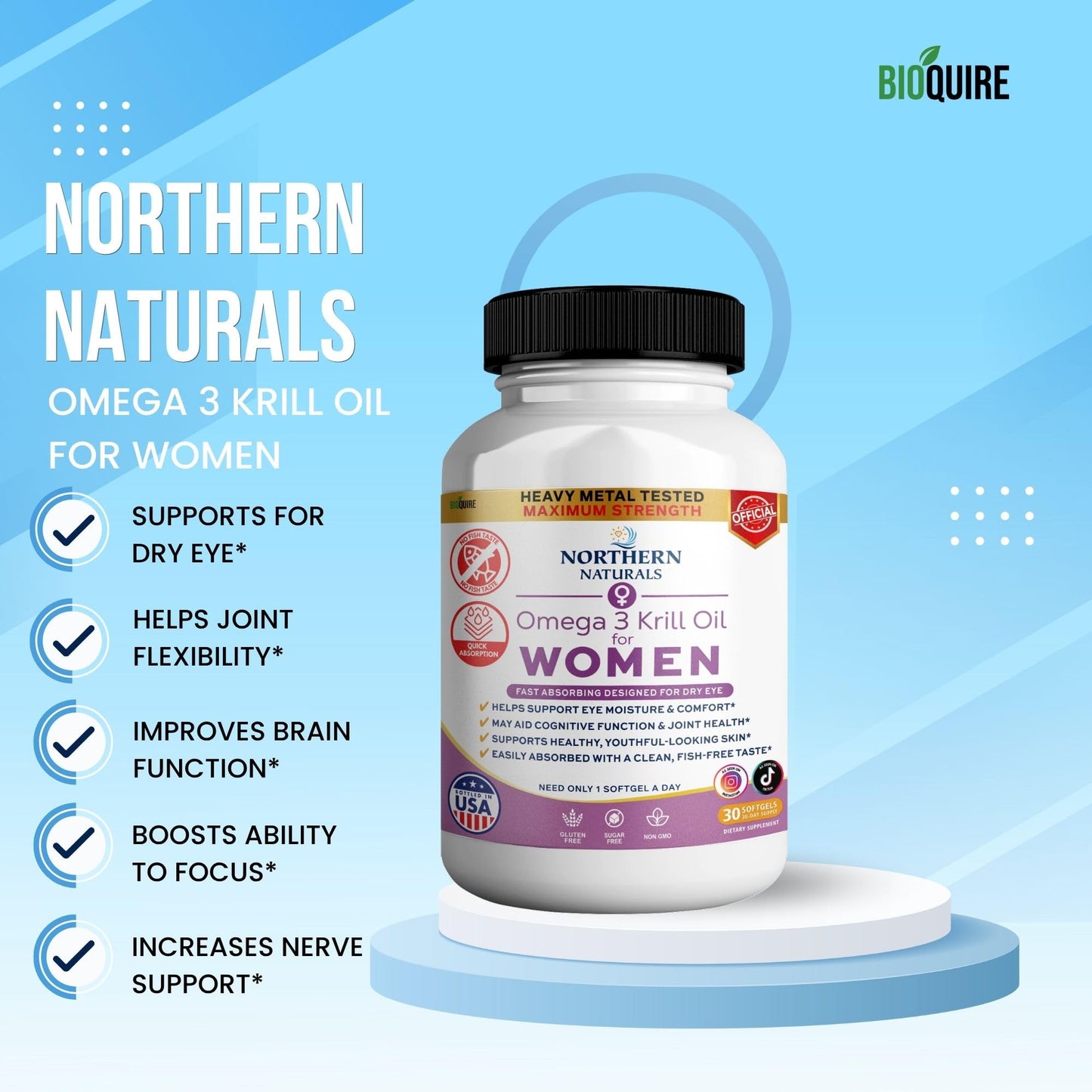 BIOQUIRE Northern Naturals Omega 3 Krill Oil for Women, 500mg, 30 Capsules