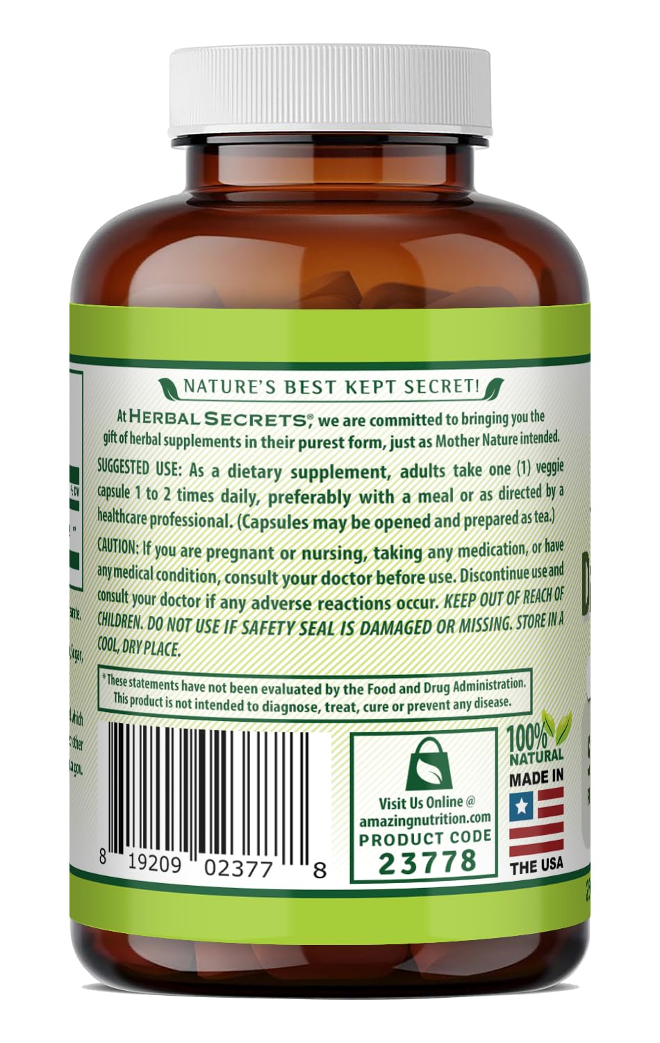 Herbal Secrets Dandelion Root 520 mg Veggie Capsules Supplement 1 Count