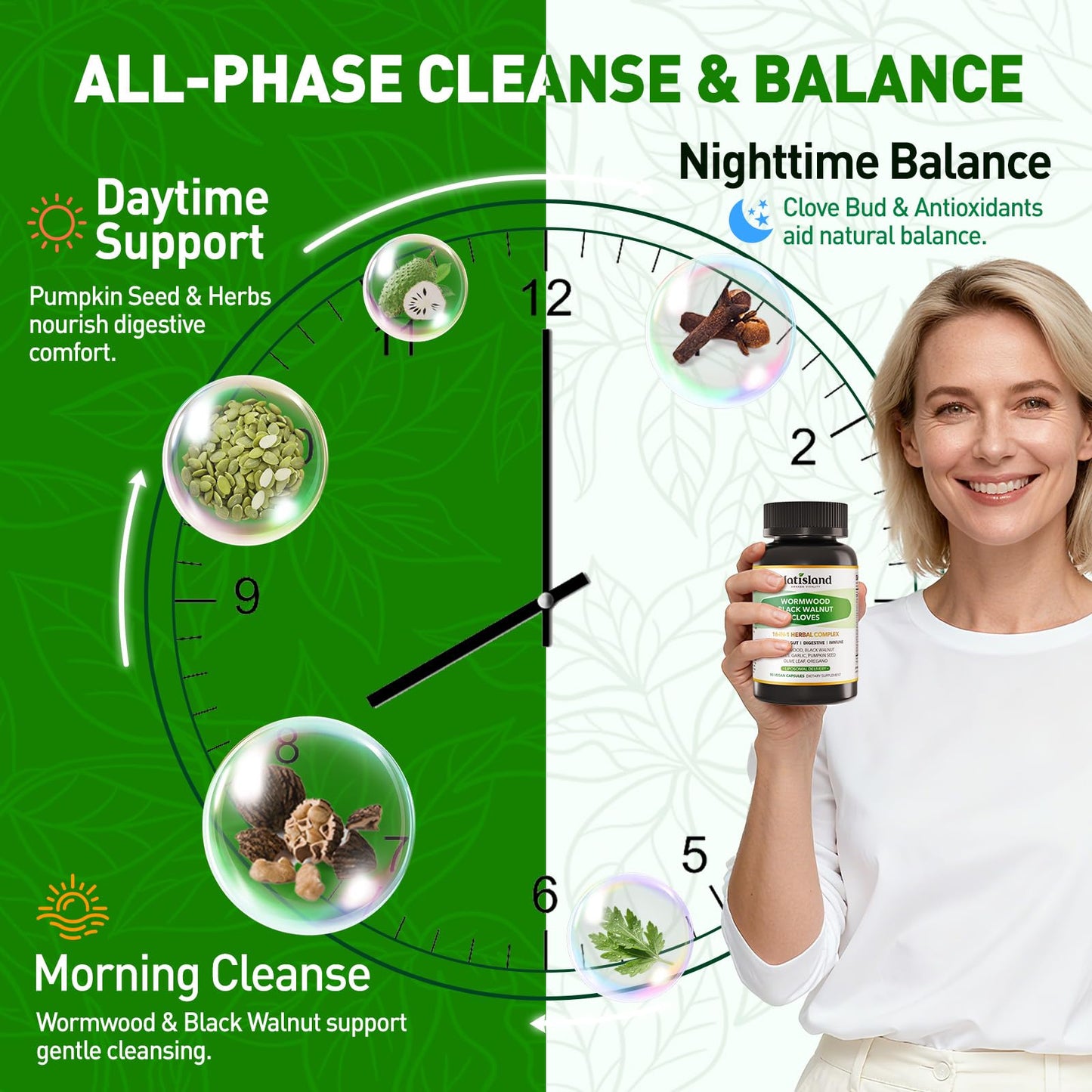 NATISLAND Liposomal Black Walnut Wormwood Clove Cleanse for Humans Lymphatic Support with Garlic Soursop Olive Leaf Pumpkin Seed Turmeric Black Pepper Capsule, 90 Count