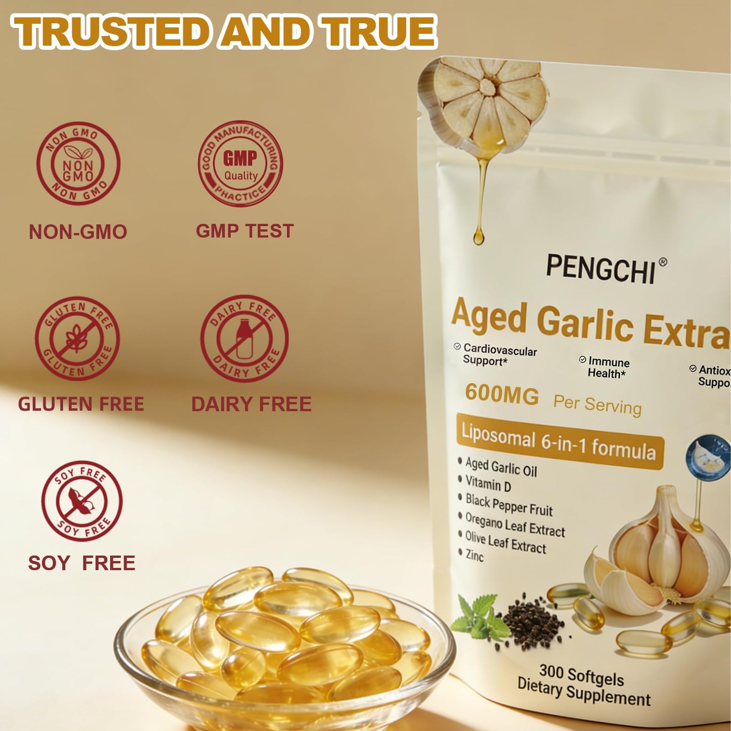PENGCHI Aged Garlic Extract Odorless Garlic Supplements with Vitamin D, Zinc, Oregano & Olive Leaf & Black Pepper, Softgels 300