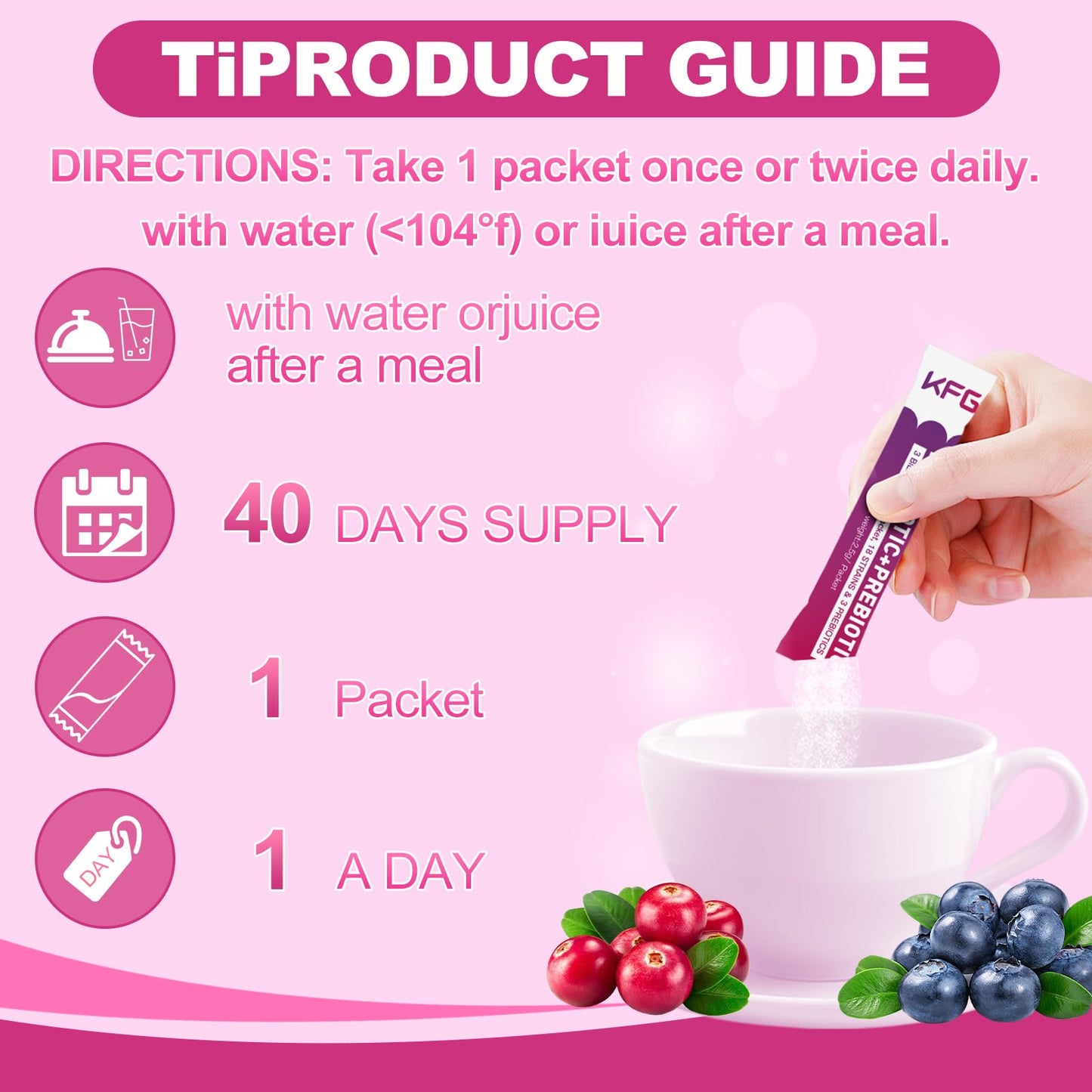 KFG Women's Probiotic Powder 100 Billion CFUs, 20 Strains, 3 Organic Prebiotics, Cranberry, Digestive Enzymes & D-Mannose, for Immune, Digestive, Gut, Vaginal & Urinary Health, 40 Packets