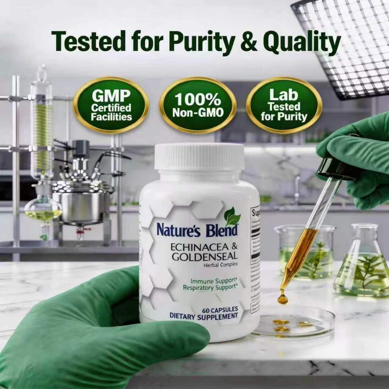 Nature's Blend Echinacea & Goldenseal Herbal Complex, Immune Support Supplement, Whole Herb & Extract Blend 60 Capsules
