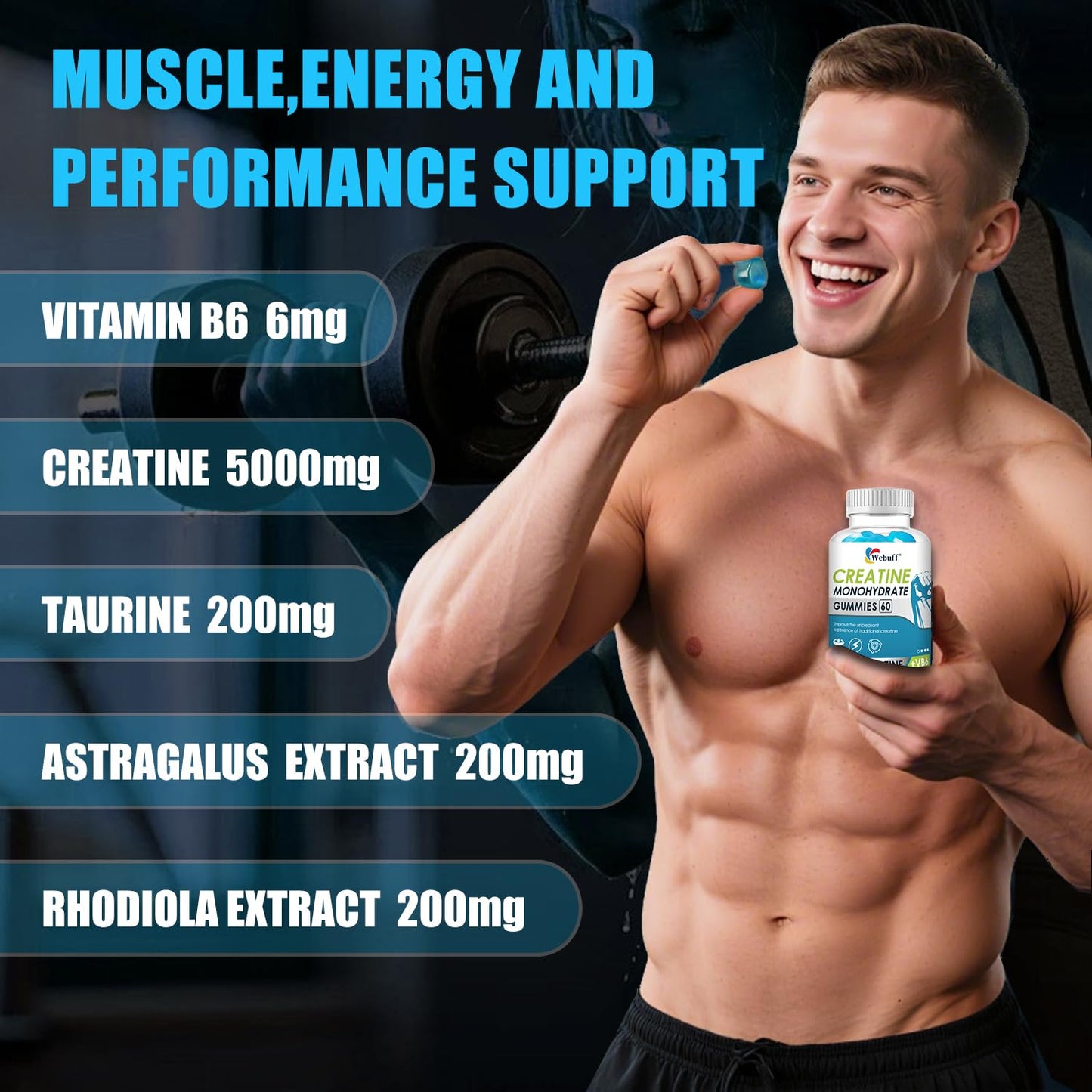 Webuff Creatine Gummies Monohydrate Complex 5000mg, 60 Gummies