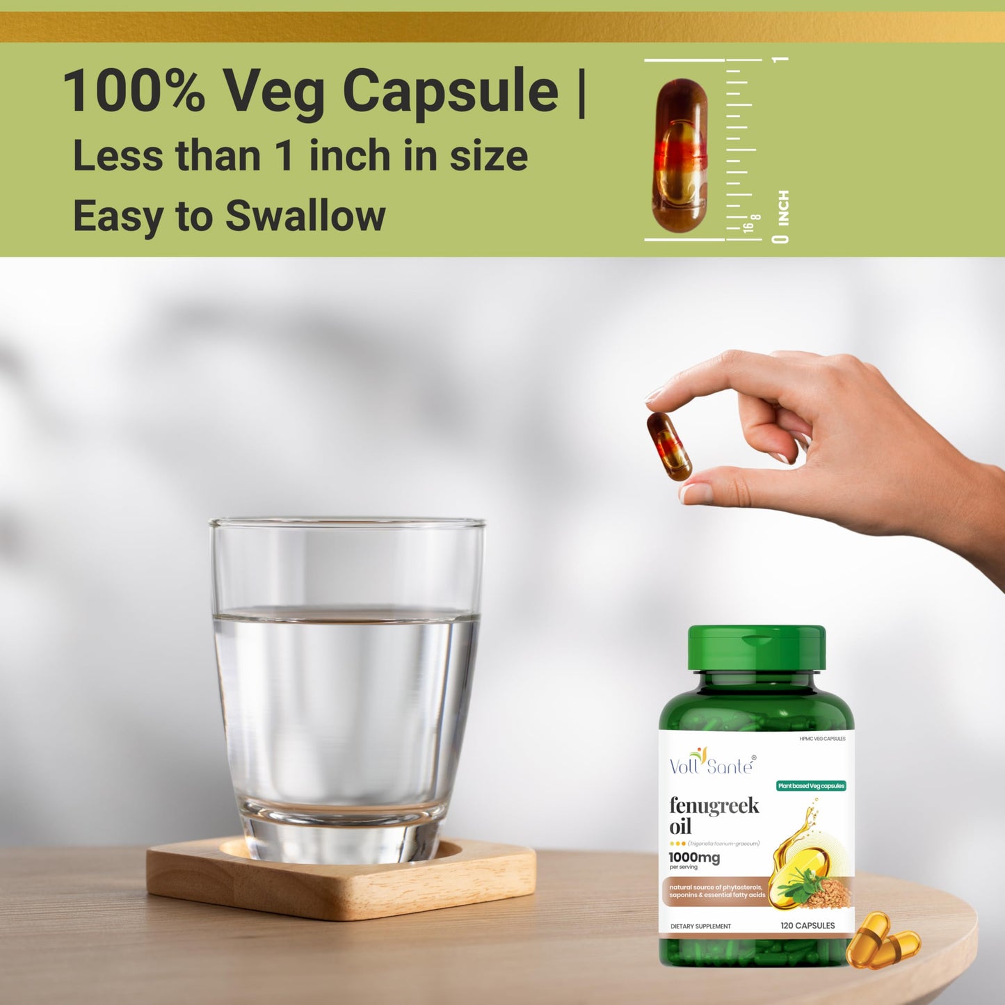 Voll Santé Fenugreek Seed Oil Capsule 1000 mg Per Serving, HPMC Plant-Based Veg Capsules, Non-GMO, Ayurvedic Supplement, Natural Source of Phytosterols, Saponins & Essential Fatty Acids, 120 Capsules