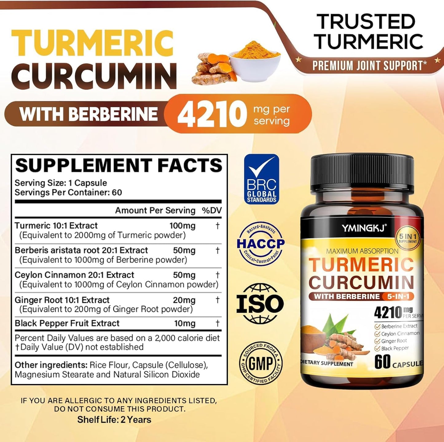 YMINGKJ Turmeric Curcumin Supplement with Black Pepper & Bioactive Botanicals, Turmeric, Ginger, Berberine, Ceylon Cinnamon Capsules 120