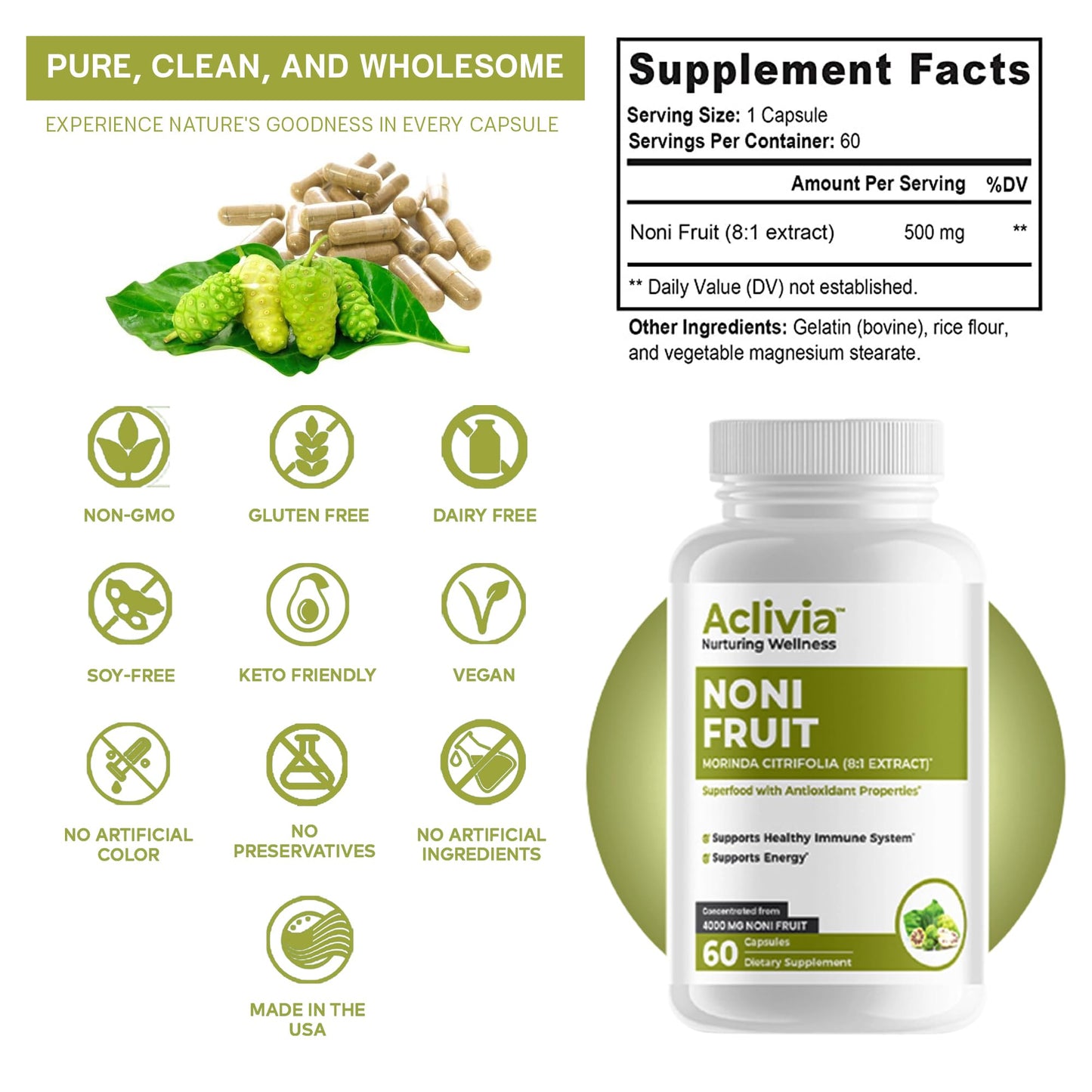 Aclivia Hawaiian Noni Fruit 4000 mg Morinda Citrifolia Supplement, 60 Capsules