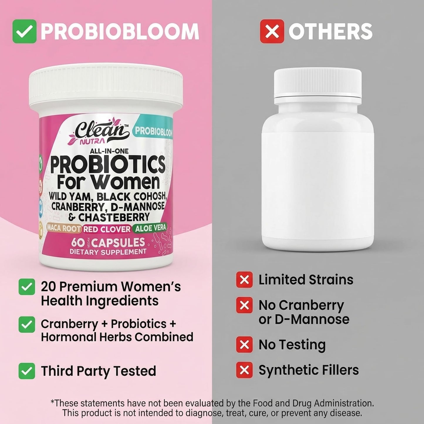 Clean Nutraceuticals Probiotics for Women with D-Mannose, Cranberry Extract, Wild Yam, and Chasteberry, 20 Probiotic and Prebiotic Strains, pH Balance, Digestive Health, 60 Capsules