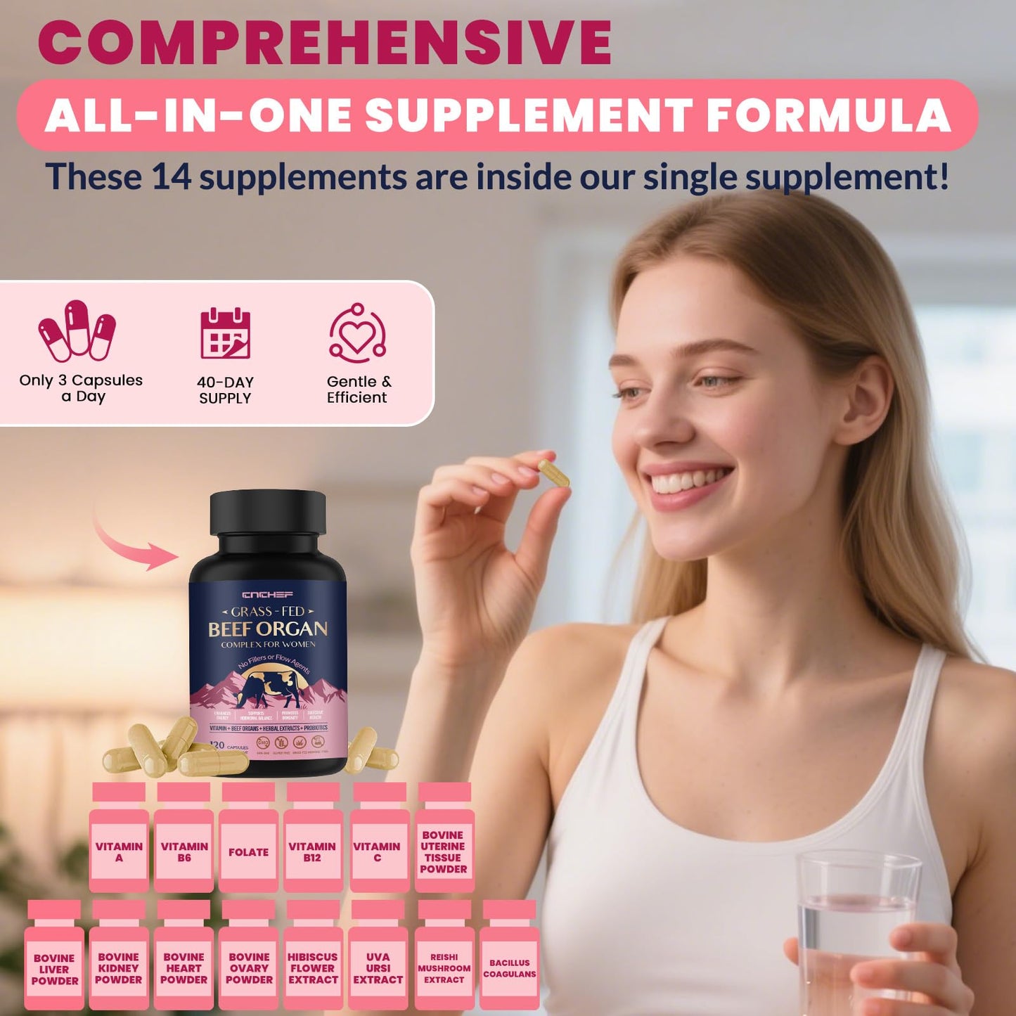 CNCHEF Beef Organ Supplement for Women, 120 Capsules