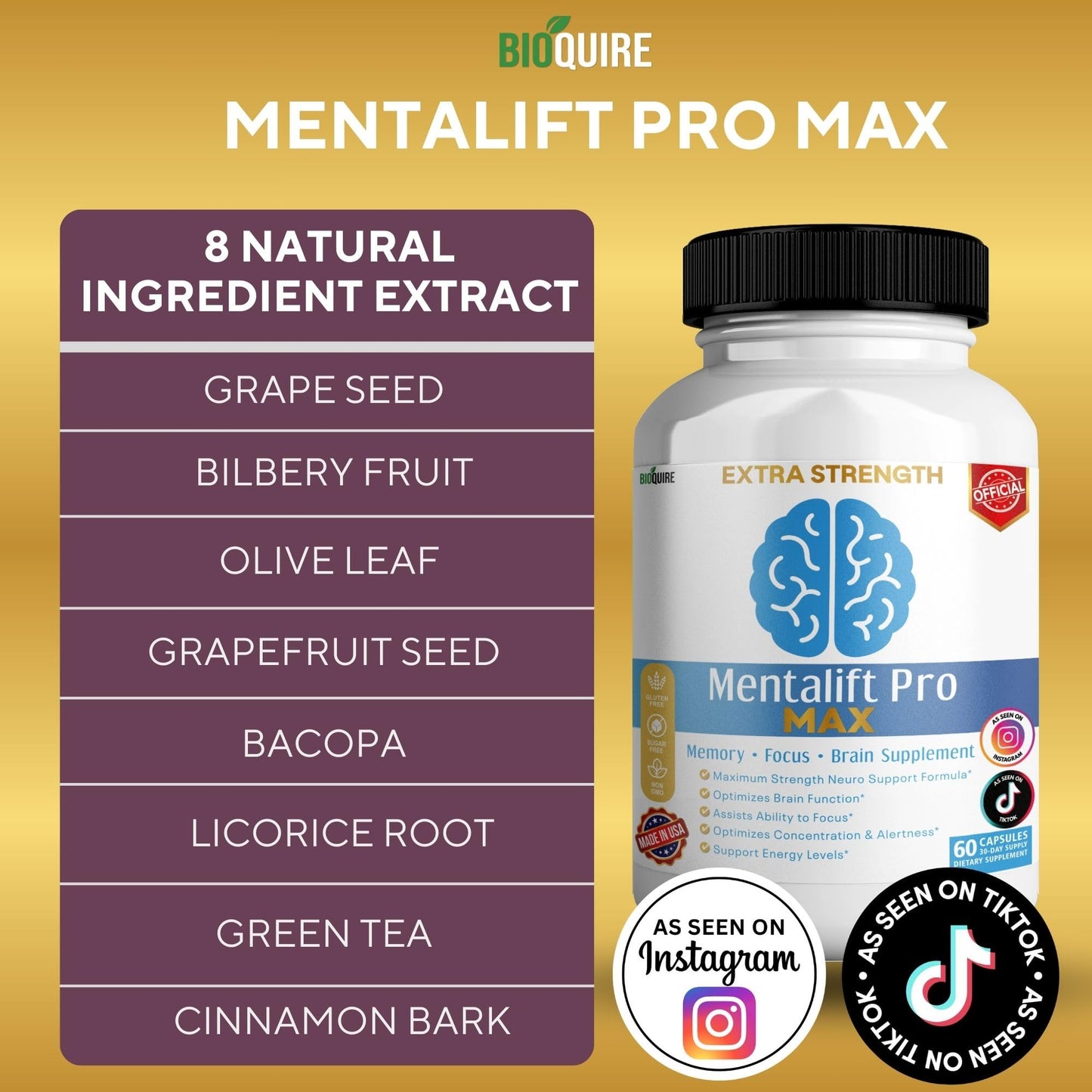 BIOQUIRE Mentalift Pro MAX Extra Strength Memory & Focus Supplement Capsule, 60 Capsules