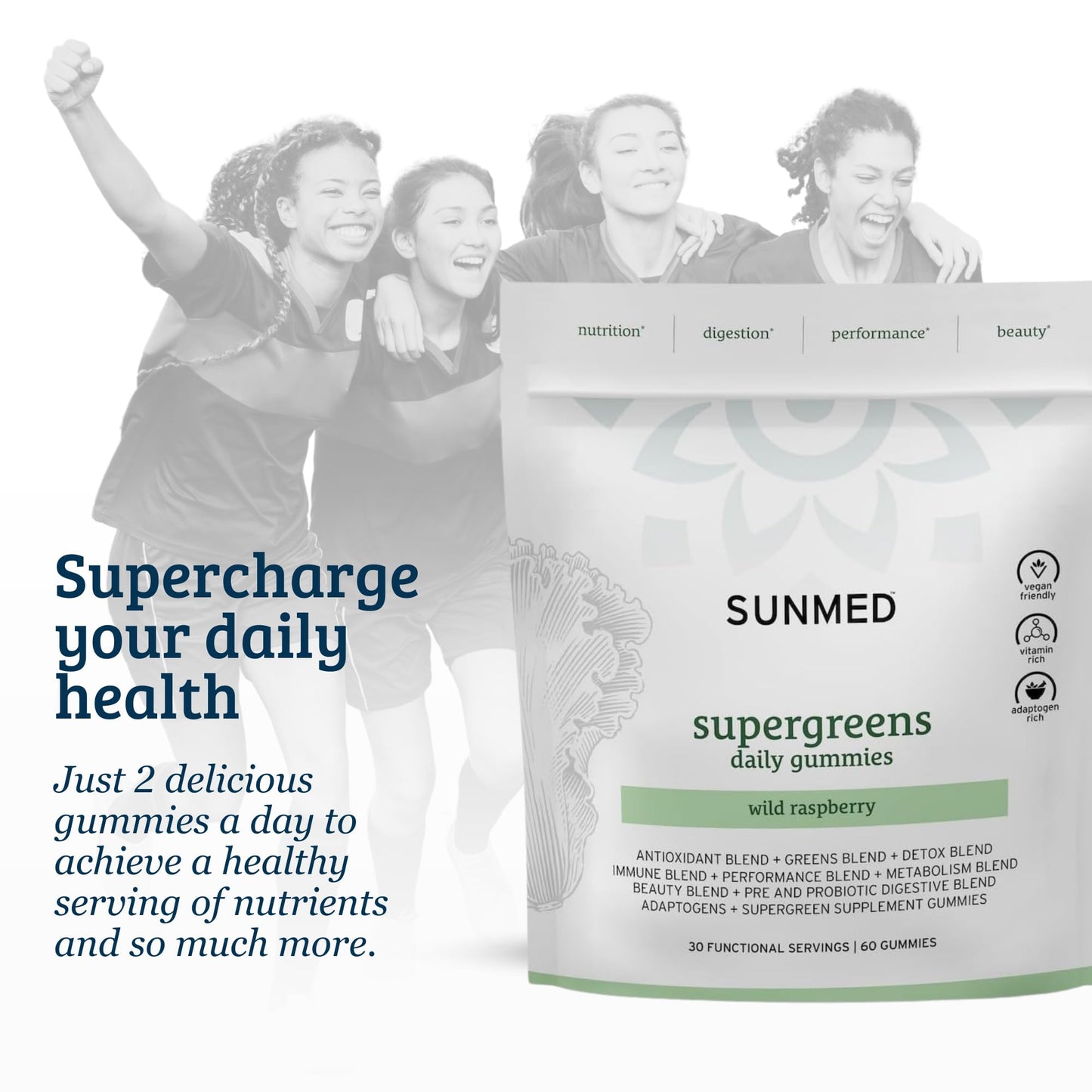 SUNMED Supergreens Daily Gummies Wellness Blend with Ashwagandha, Green Tea, Spirulina, Probiotics, Antioxidants & Detox Support for Immunity, Gut, Skin & Brain Health, Wild Raspberry, 60 Count