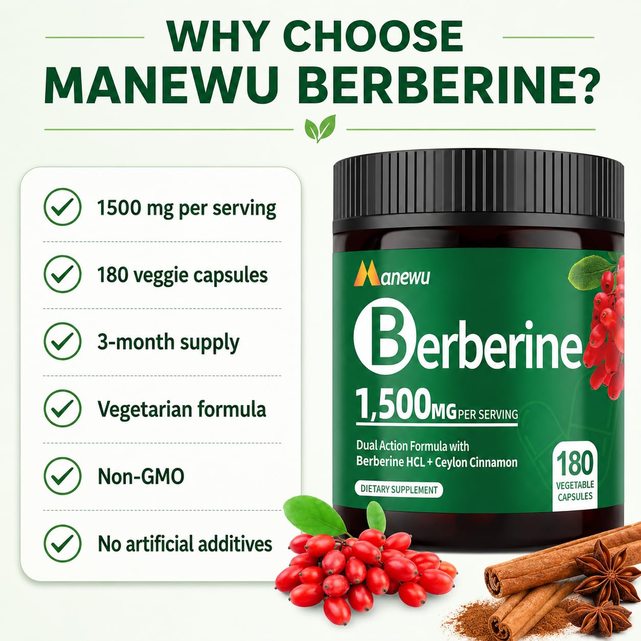 NEOGLI Berberine HCL 1500mg, Ceylon Cinnamon, 180 Capsules