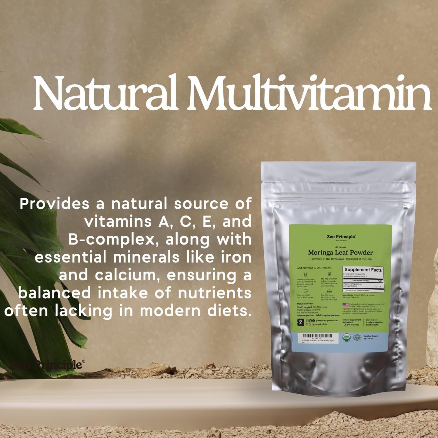 Zen Principle Moringa Oleifera Leaf Powder Premium Organic, 32 Ounces
