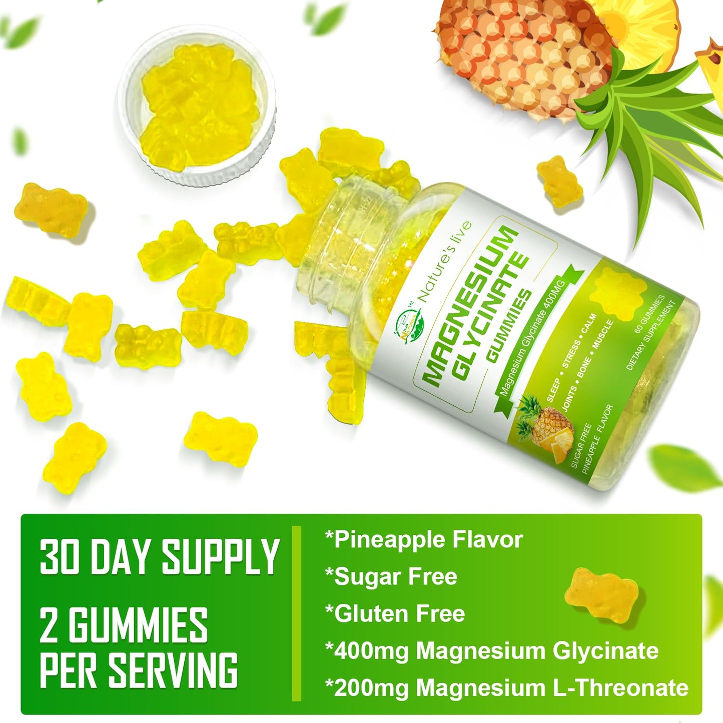 Nature's live Magnesium Glycinate Gummies 600mg Sugar Free, 60 Count