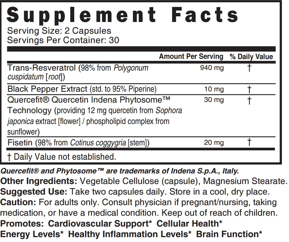 Nature's Fusions Nutri Resveratrol Supplement 1000mg Ultra High Purity Trans-Resveratrol - 15x More Bioavailable with Liposomal Quercetin and Fisetin - Antioxidant, Longevity, Organic Piperine 60 Vegan Capsules