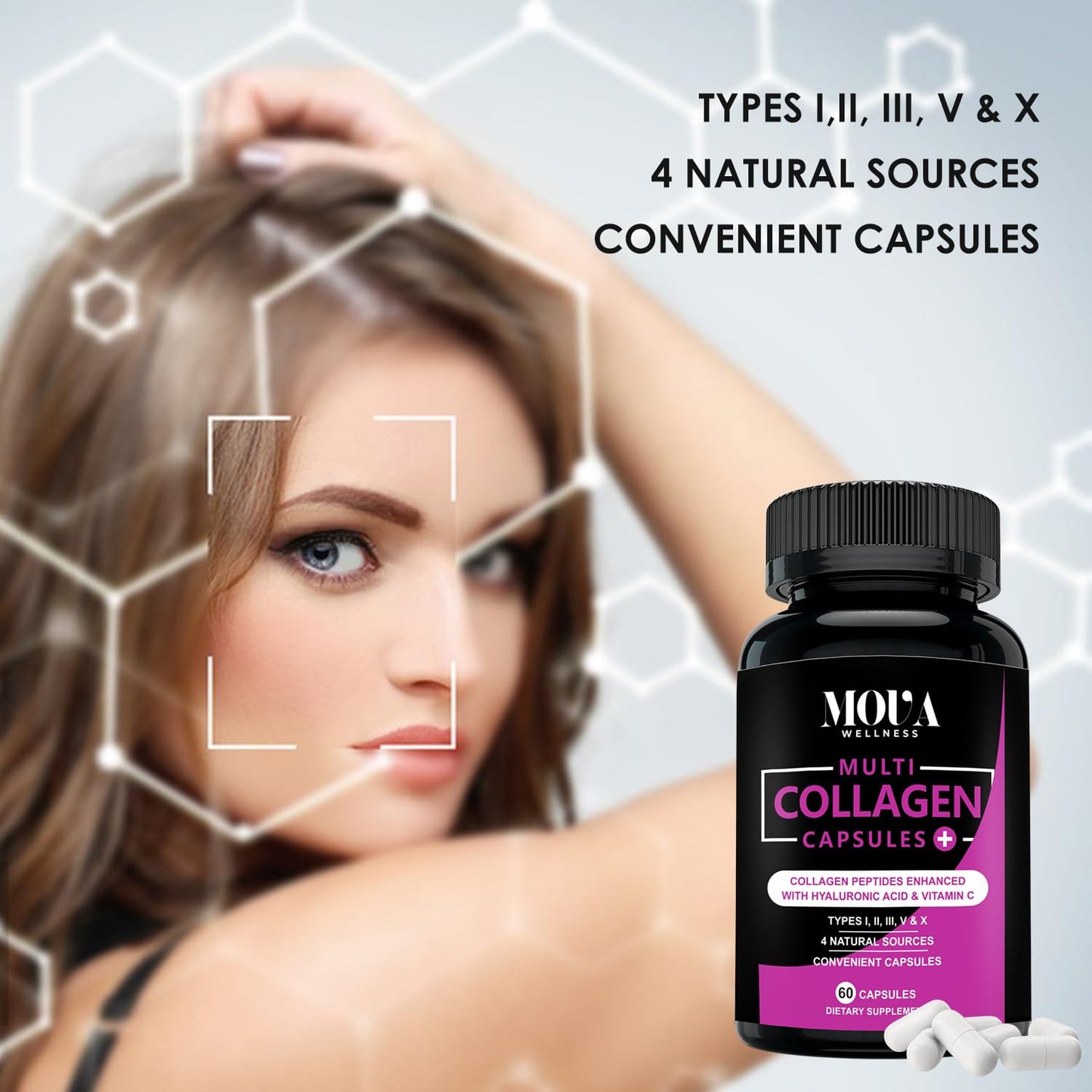 Mova Wellness Multi Collagen Capsules with Vitamin C & Hyaluronic Acid (Types I, II, III, V & X), 60 Count