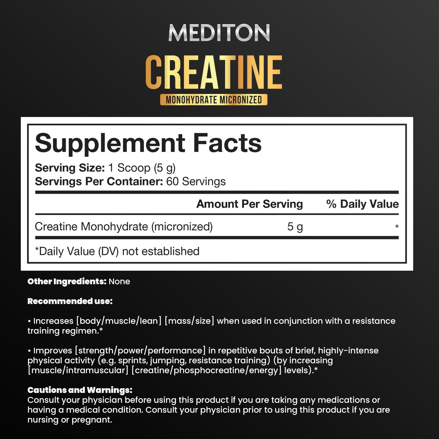 MEDITON Pure Micronized Creatine Monohydrate Powder, 60 Servings