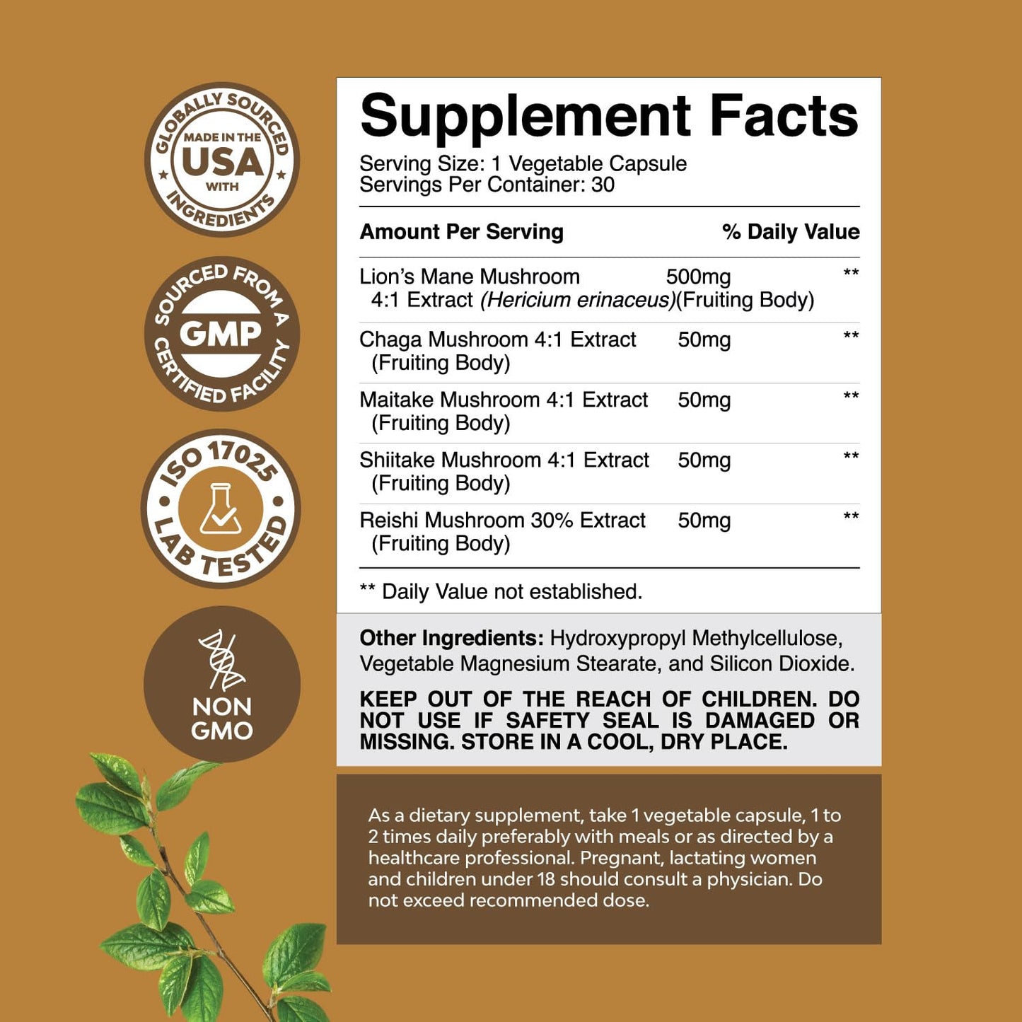 Natures Craft Lion's Mane Mushroom Capsules for Brain Fog with Reishi & Chaga, 30 Count