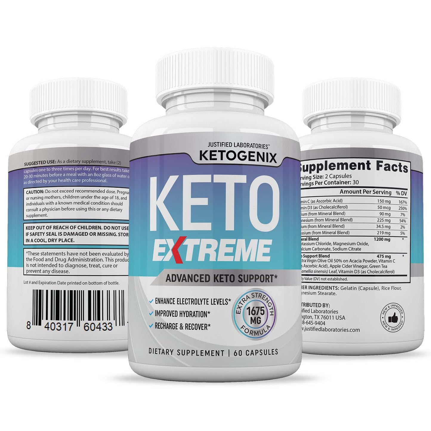 Justified Laboratories Ketogenix Extreme Keto Pills 1675MG New & Improved Formula Contains Apple Cider Vinegar Extra Virgin Olive Oil Powder Green Tea Leaf 60 Capsules