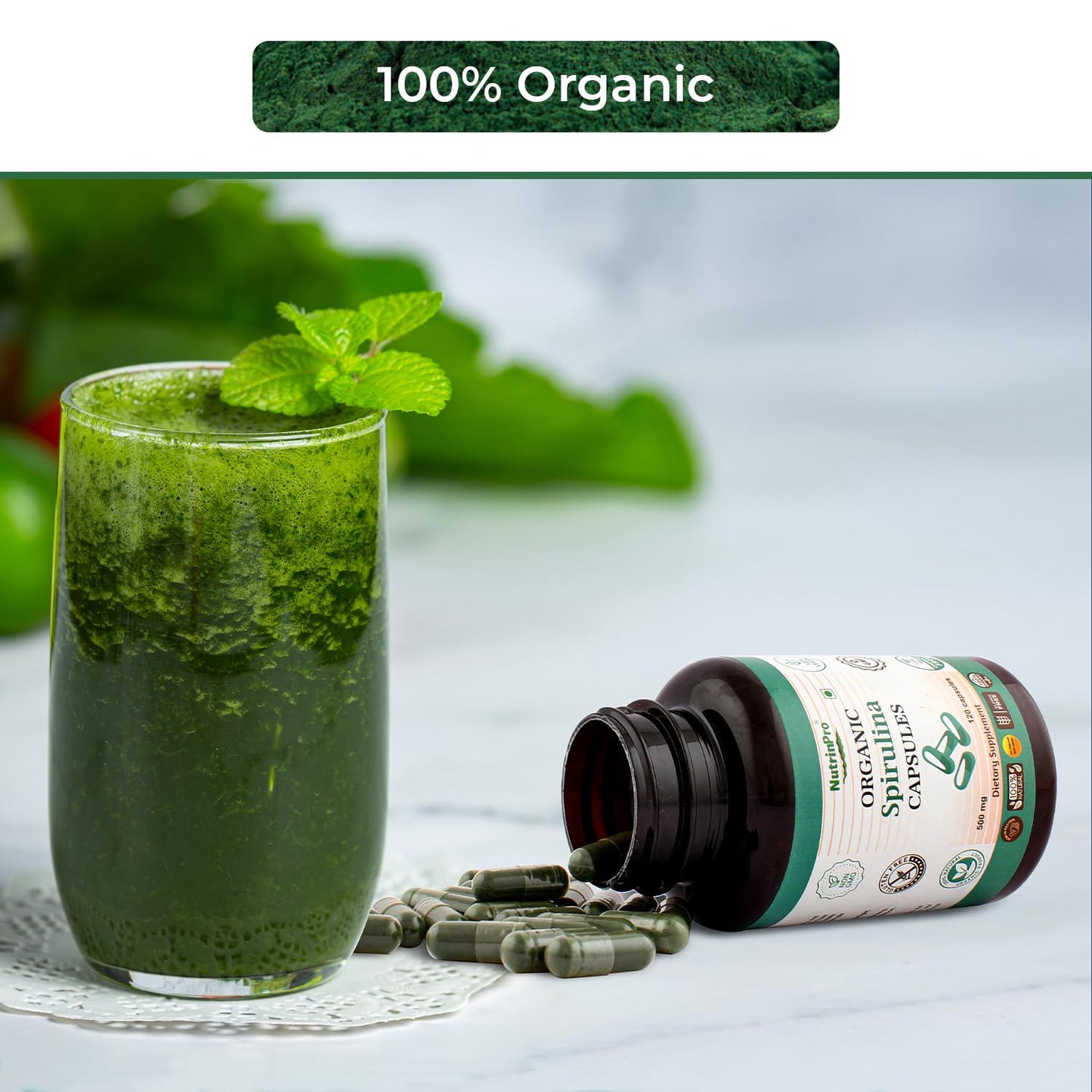 NUTRINPRO USDA Organic Spirulina Capsules, 120 Capsules