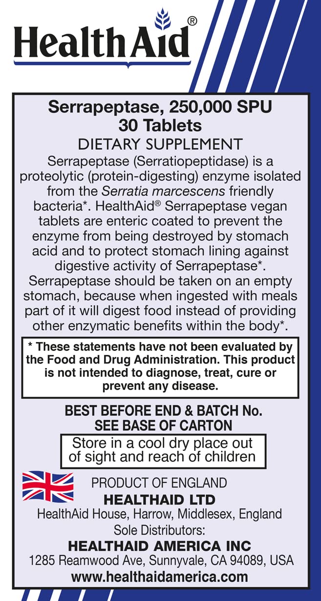 HealthAid Serrapeptase 250,000 SPU, 30 Tablets
