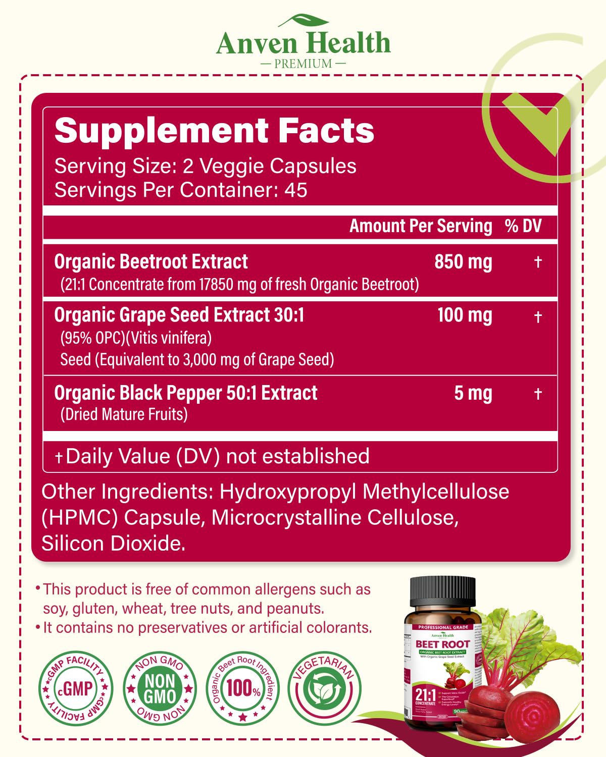 Anven Health Organic Beet Root 21:1 Extract, Nitric Oxide, 270 Capsules