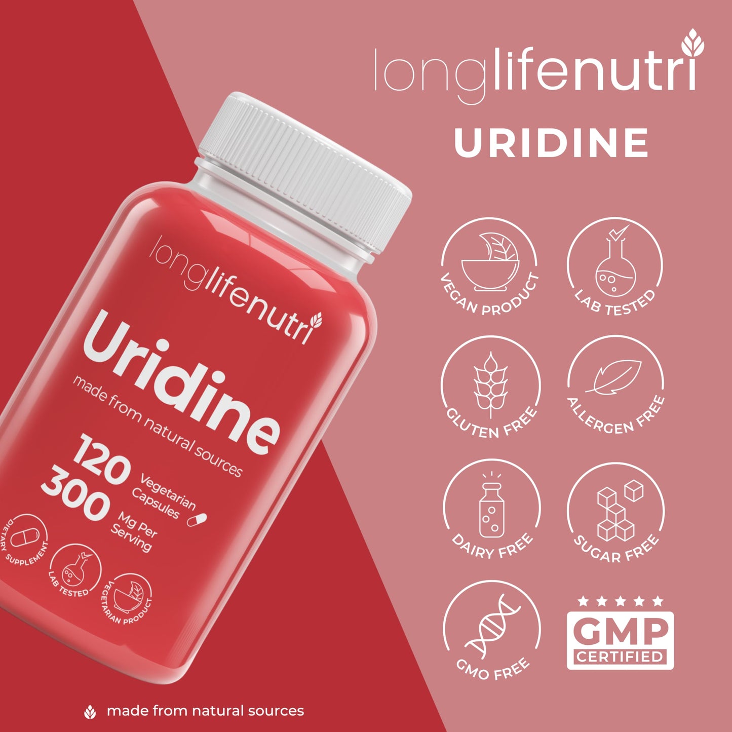LongLifeNutri Uridine Monophosphate 300mg Capsule, 120 Vegetarian Capsules