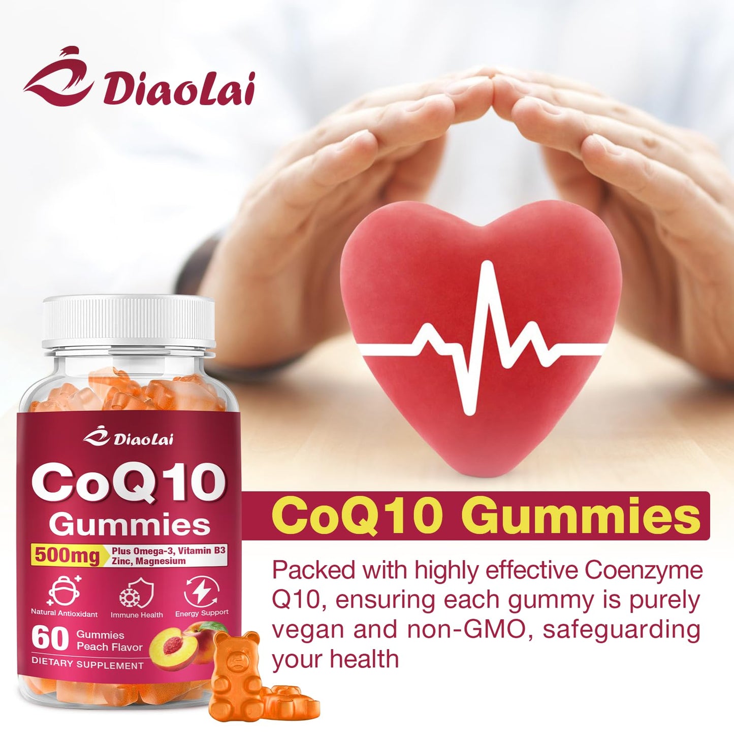 DIAOLAI CoQ10 Gummies, 2 Pack, 500mg per Serving with Omega-3 (EPA & DHA), B3 & Zinc, Supports Immunity & Energy, Orange Flavor, Non-GMO, Gluten-Free
