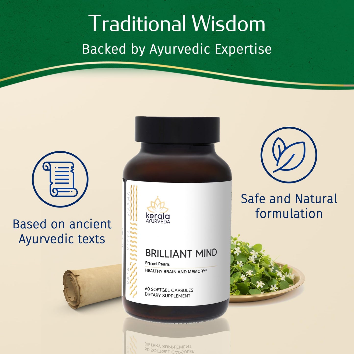 Kerala Ayurveda Brahmi (Bacopa Monnieri) Pearls Capsules 1 Count
