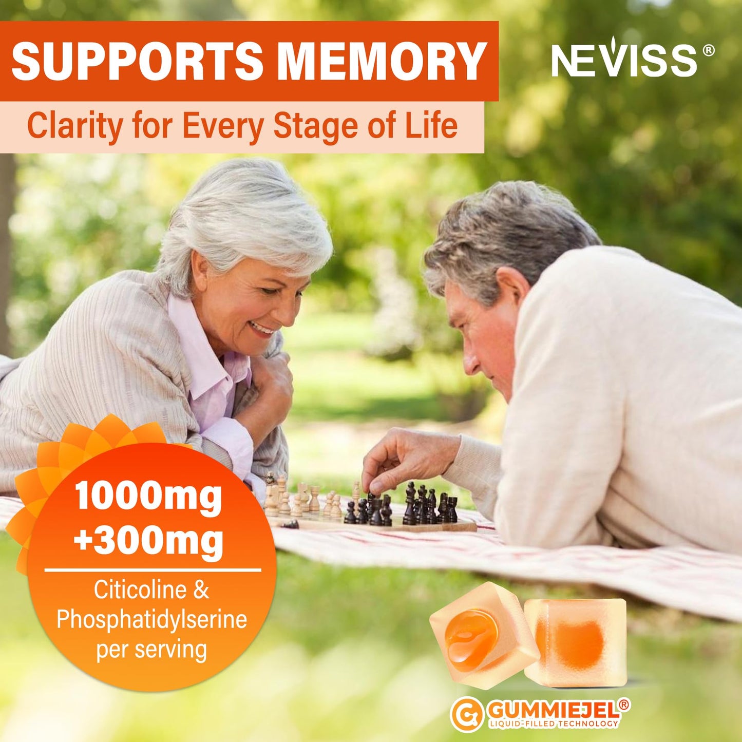NEVISS Citicoline 1000mg & Phosphatidylserine 300mg CDP Choline Gummies, Brain Support with Lion's Mane, Omega-3, Methylfolate, B6 & B12, Non-GMO, Sugar Free, 60 Count