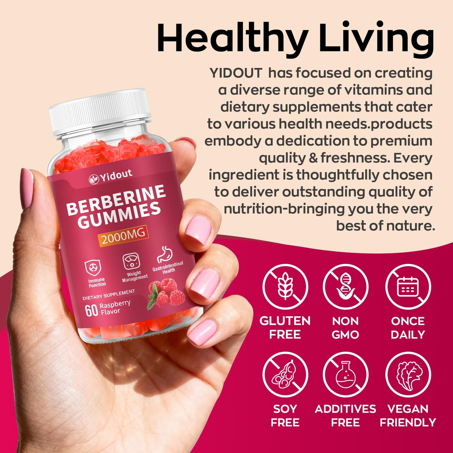 Yidout Berberine HCL 2000mg Gummies Raspberry, 60 Count