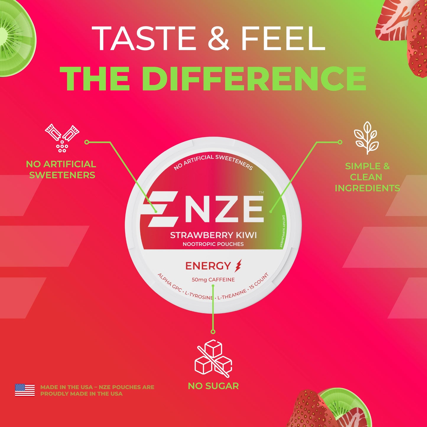 NZE Caffeine Nootropic Pouches (Strawberry Kiwi) Caplet, 5 Count