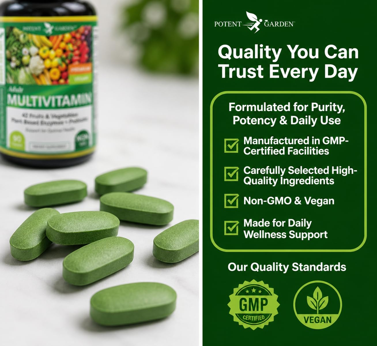 Potent Garden Multivitamin for Men & Women – 42 Fruits & Vegetables, Probiotics & Enzymes, Daily Whole Food Supplement for Energy, Immune Support & Digestion, Non-GMO, 90 Tablets