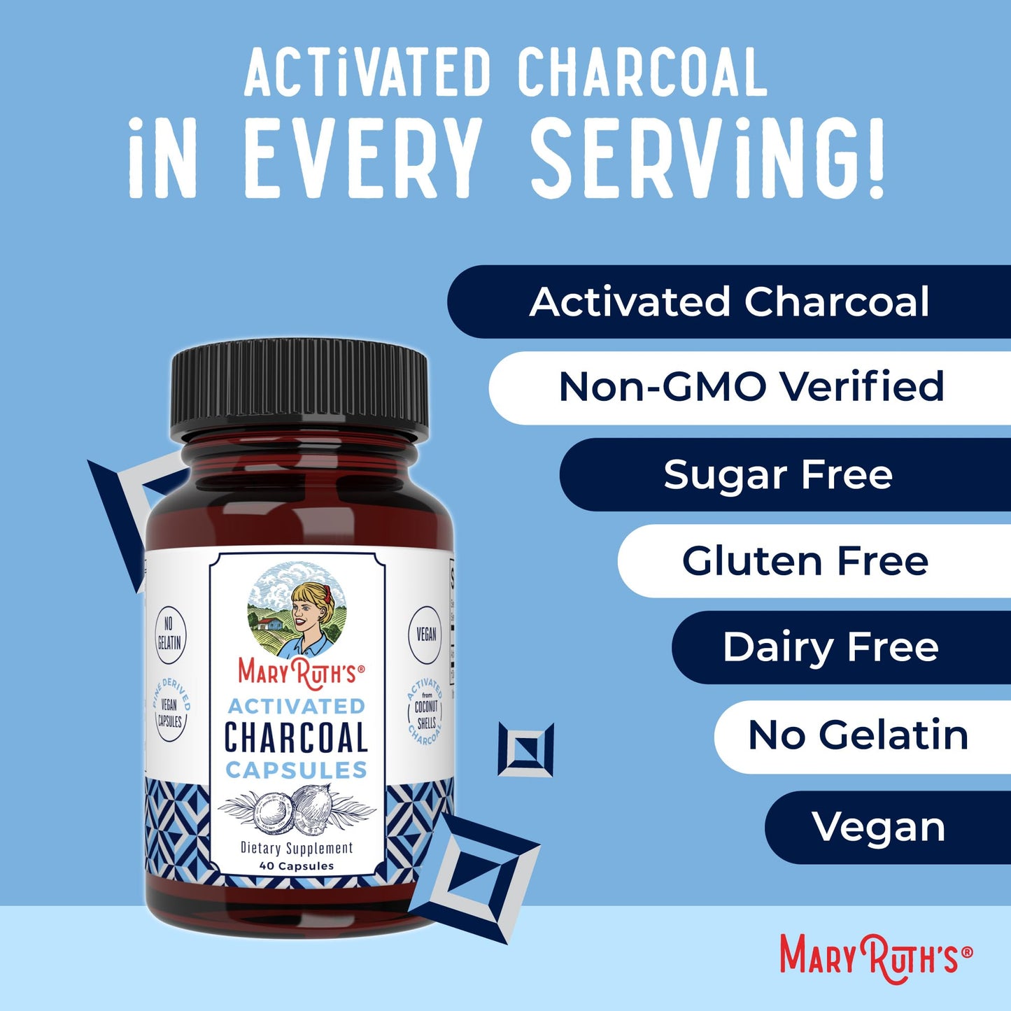 MARYRUTH'S Activated Charcoal 950 mg Capsules, 40 Count